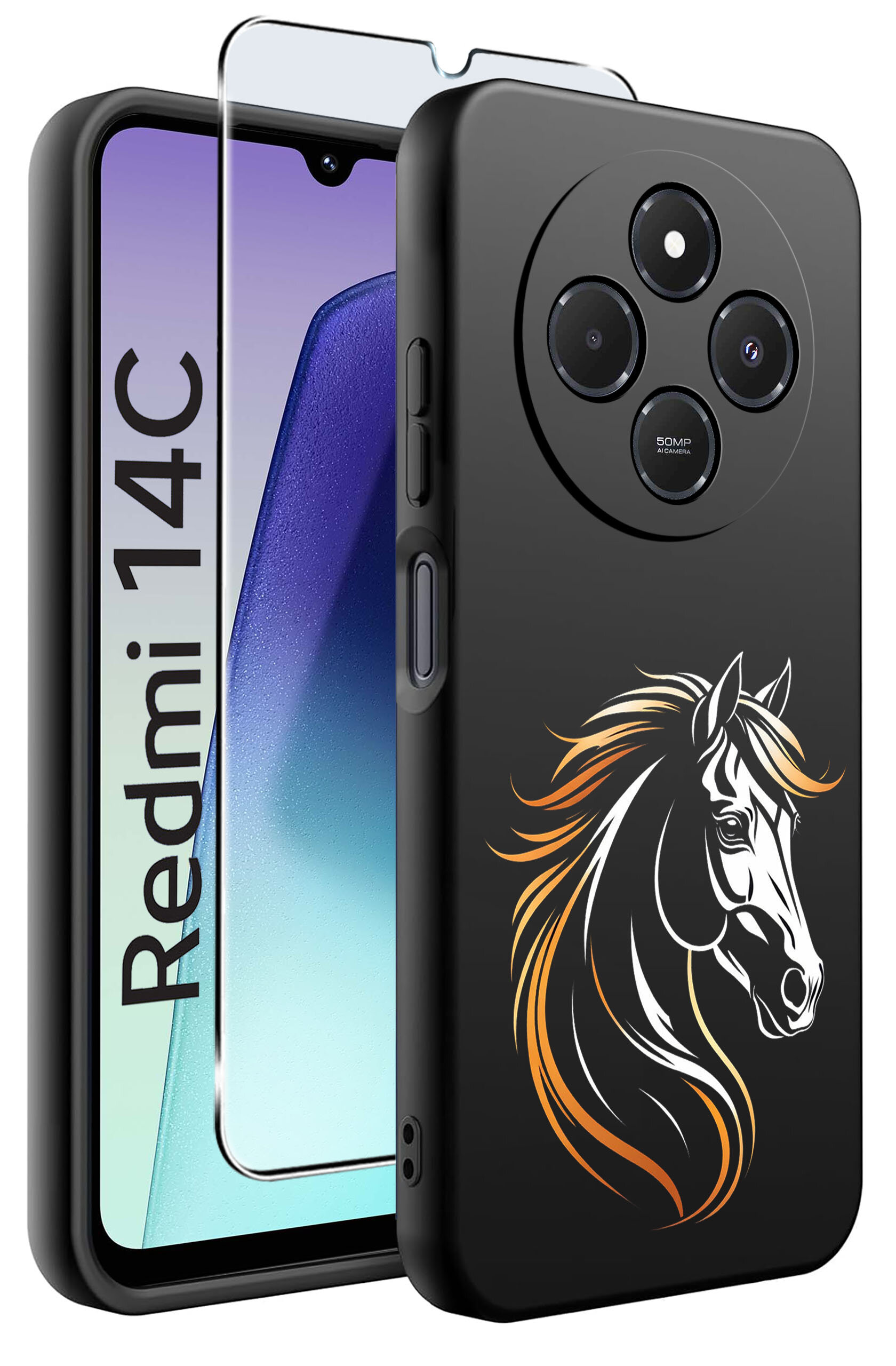 Obraz przedstawia czarne etui na telefon z nadrukiem konia oraz szkło ochronne. Na ekranie telefonu widoczny jest napis \'Redmi 14C\'.