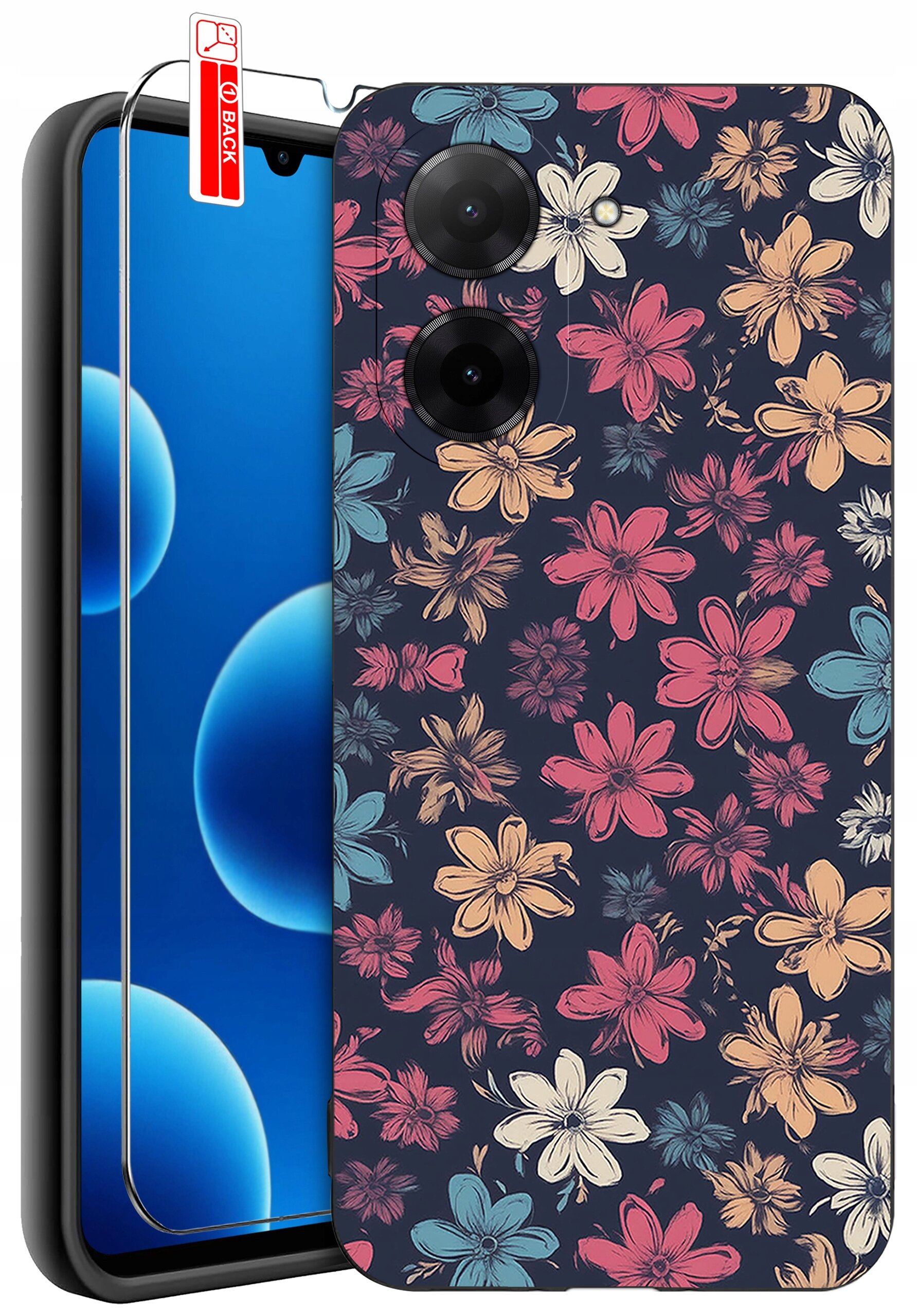 Etui na telefon z kolorowym wzorem kwiatowym oraz szkło ochronne z oznaczeniem \'BACK\'.