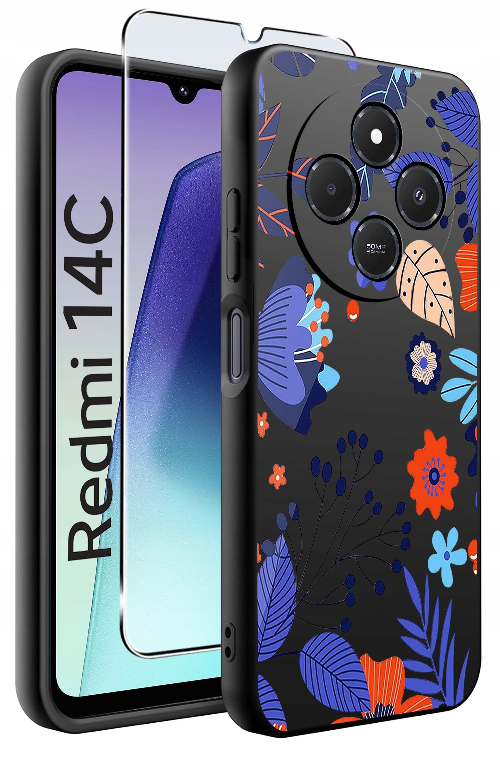 Obraz przedstawia etui na telefon z kolorowym wzorem kwiatowym oraz szkło ochronne. Na ekranie telefonu widoczny jest napis \'Redmi 14C\'.