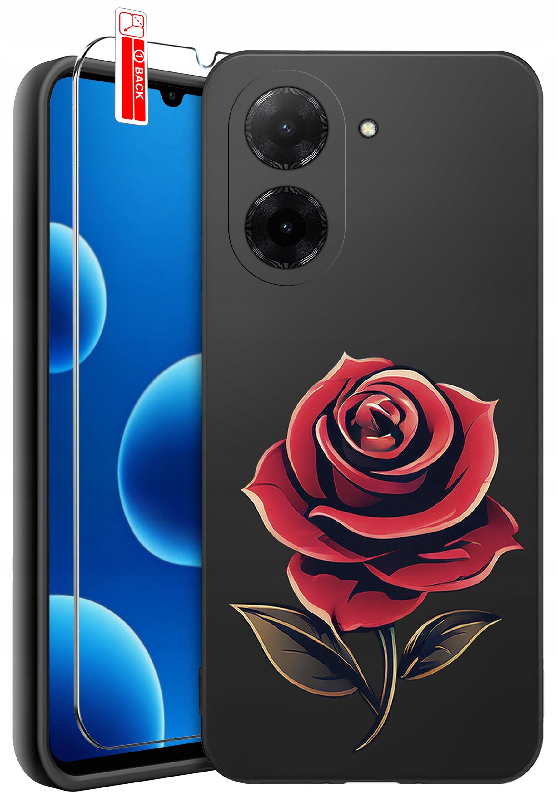 Obraz przedstawia silikonowe etui na telefon z wzorem czerwonej róży na czarnym tle. Obok etui znajduje się szkło ochronne z napisem \'BACK\'.