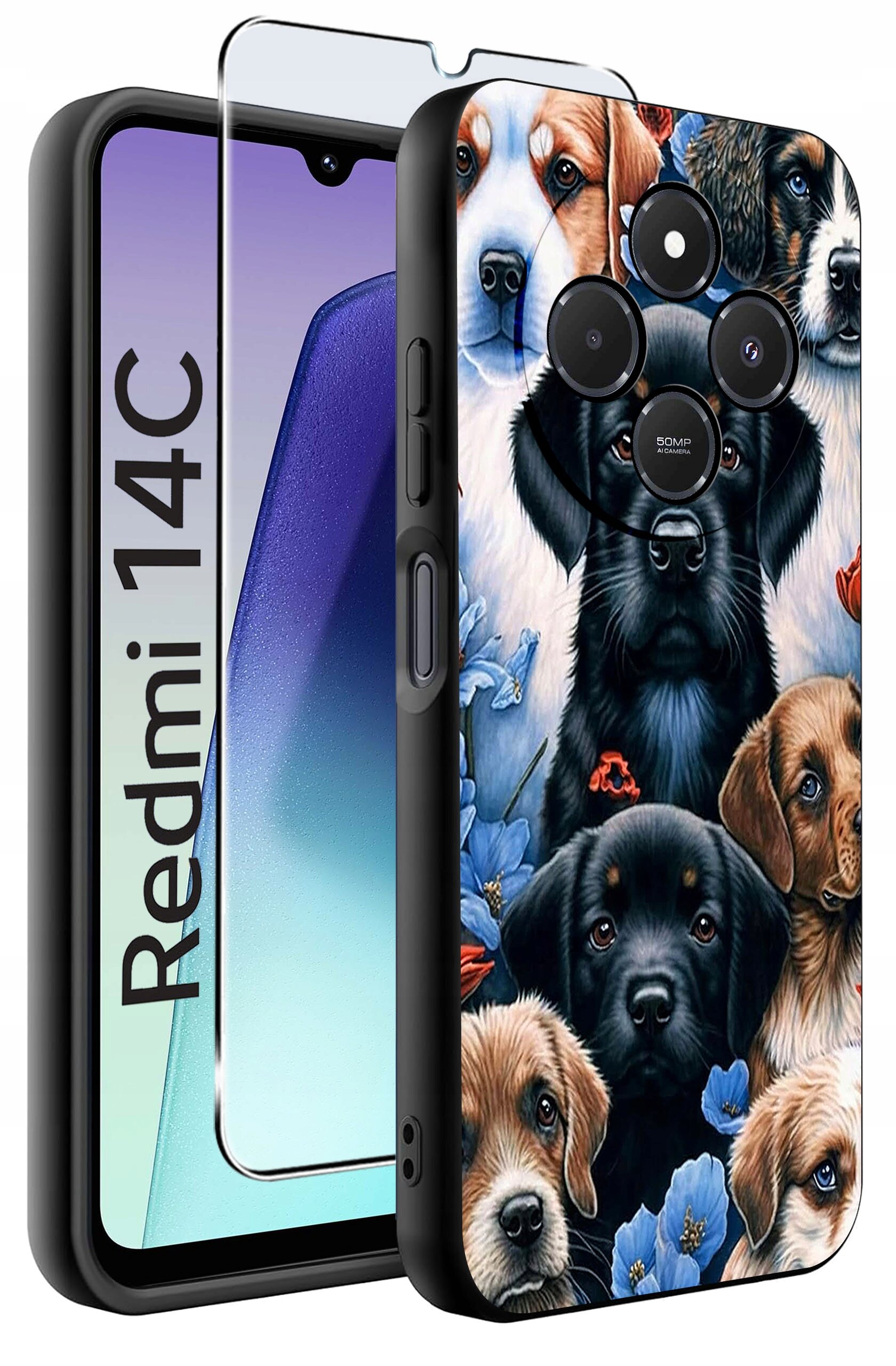 Obraz przedstawia etui na telefon z motywem psów oraz szkło ochronne. Na ekranie telefonu widoczny jest napis \'Redmi 14C\'.