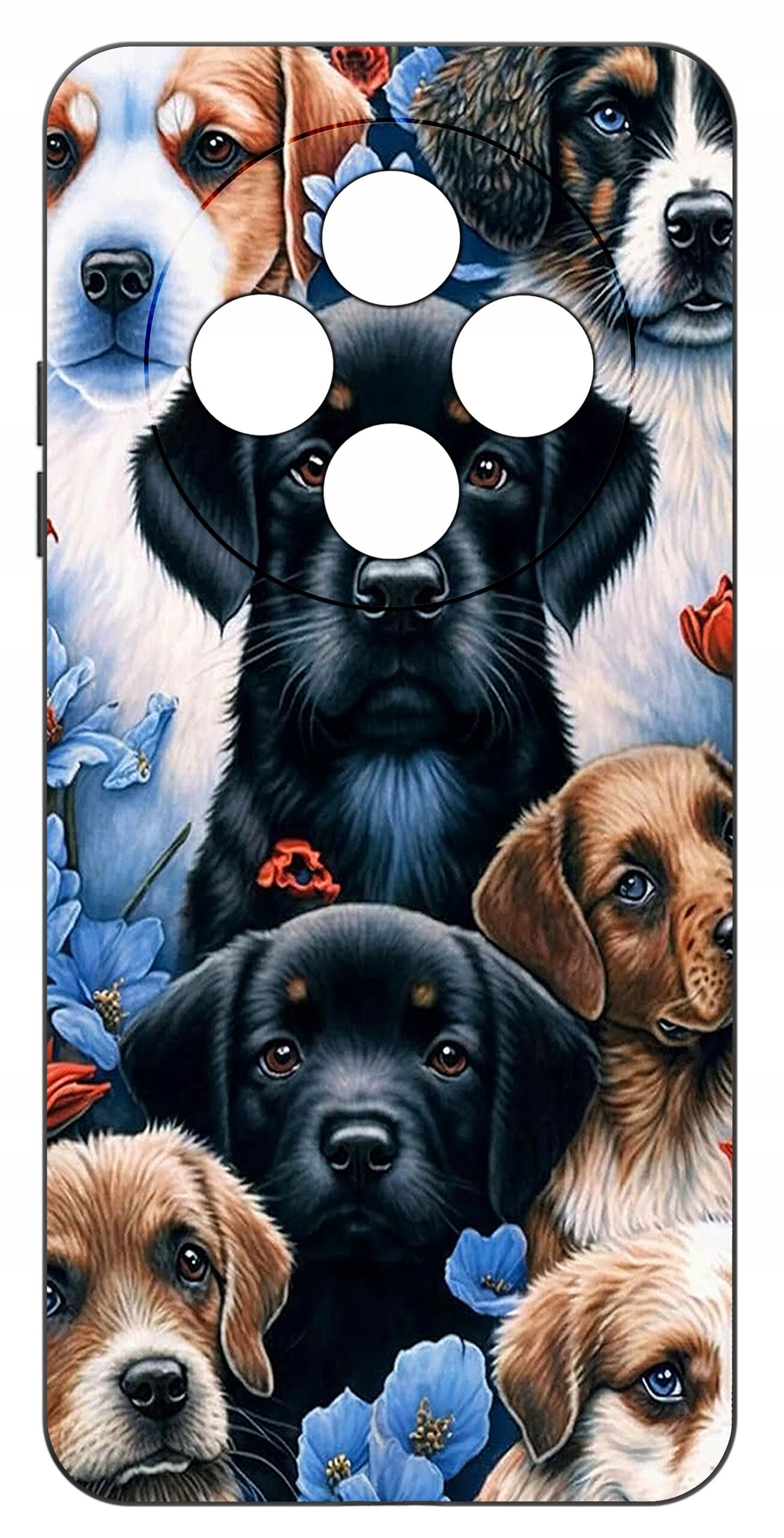 Etui na telefon z nadrukiem przedstawiającym kilka psów otoczonych niebieskimi i czerwonymi kwiatami. Etui ma wycięcia na aparat w kształcie okręgów.