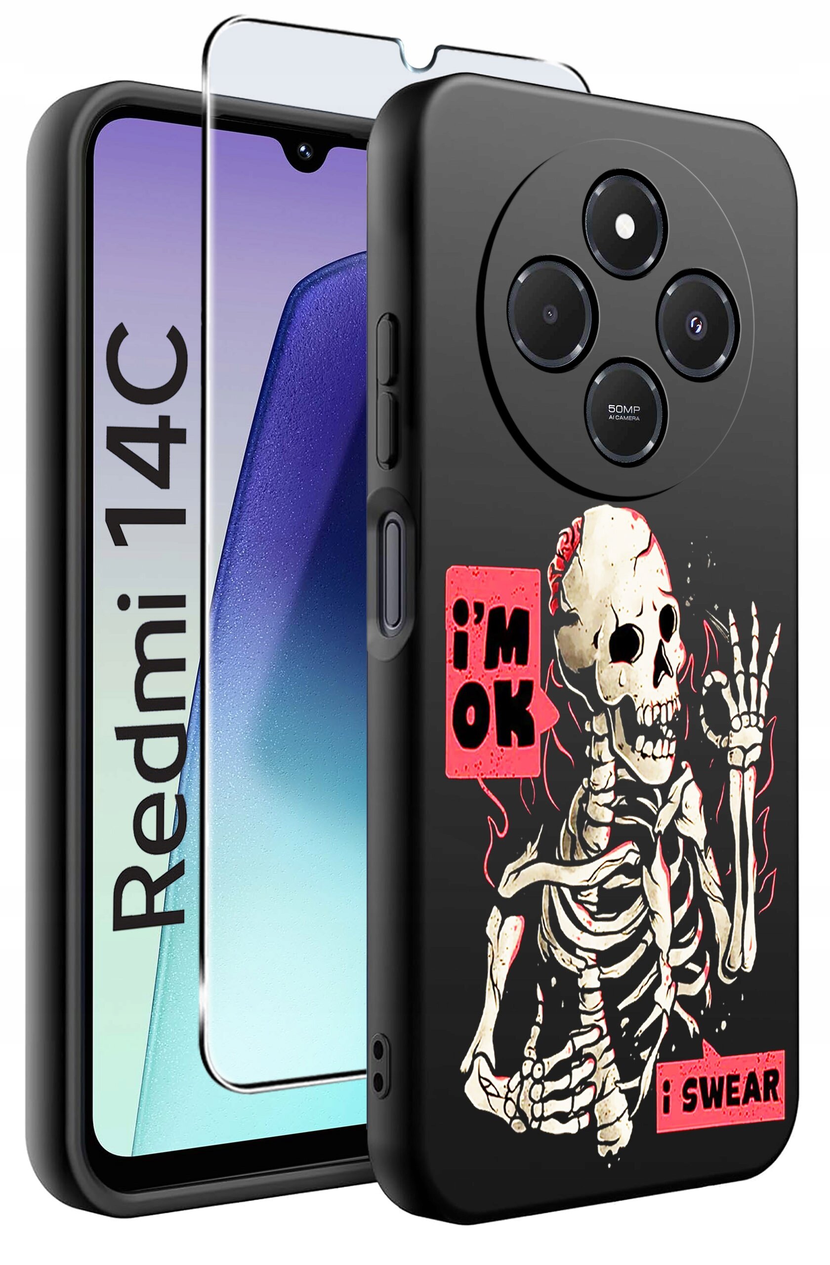 Obraz przedstawia czarne etui na telefon z nadrukiem szkieletu oraz napisami \'i\'m OK\' i \'i SWEAR\'. Obok etui znajduje się szkło ochronne, a na ekranie telefonu widoczny jest napis \'Redmi 14C\'.