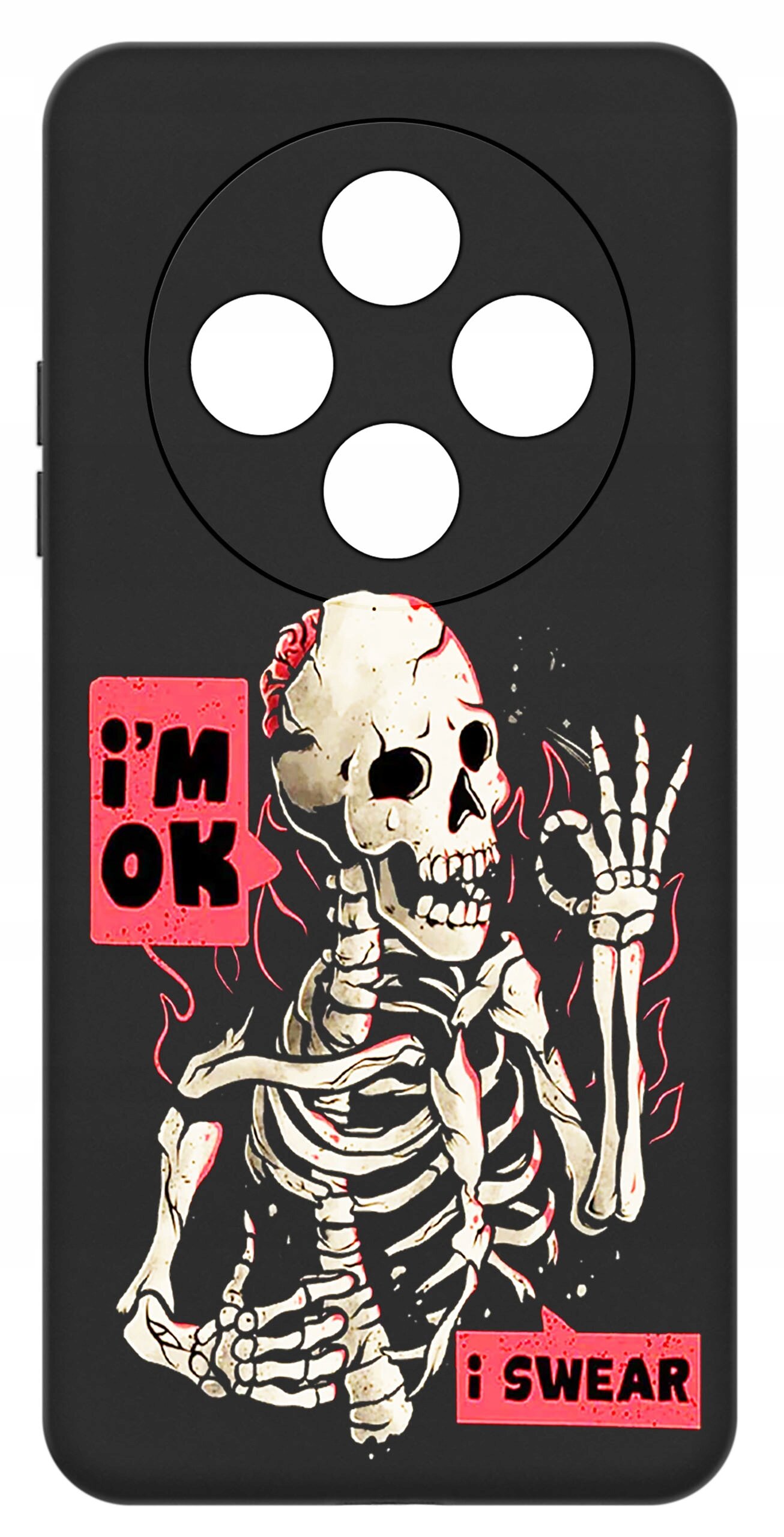 Czarne etui z grafiką szkieletu w otoczeniu płomieni, z tekstem \'i\'m OK\' oraz \'i SWEAR\'.