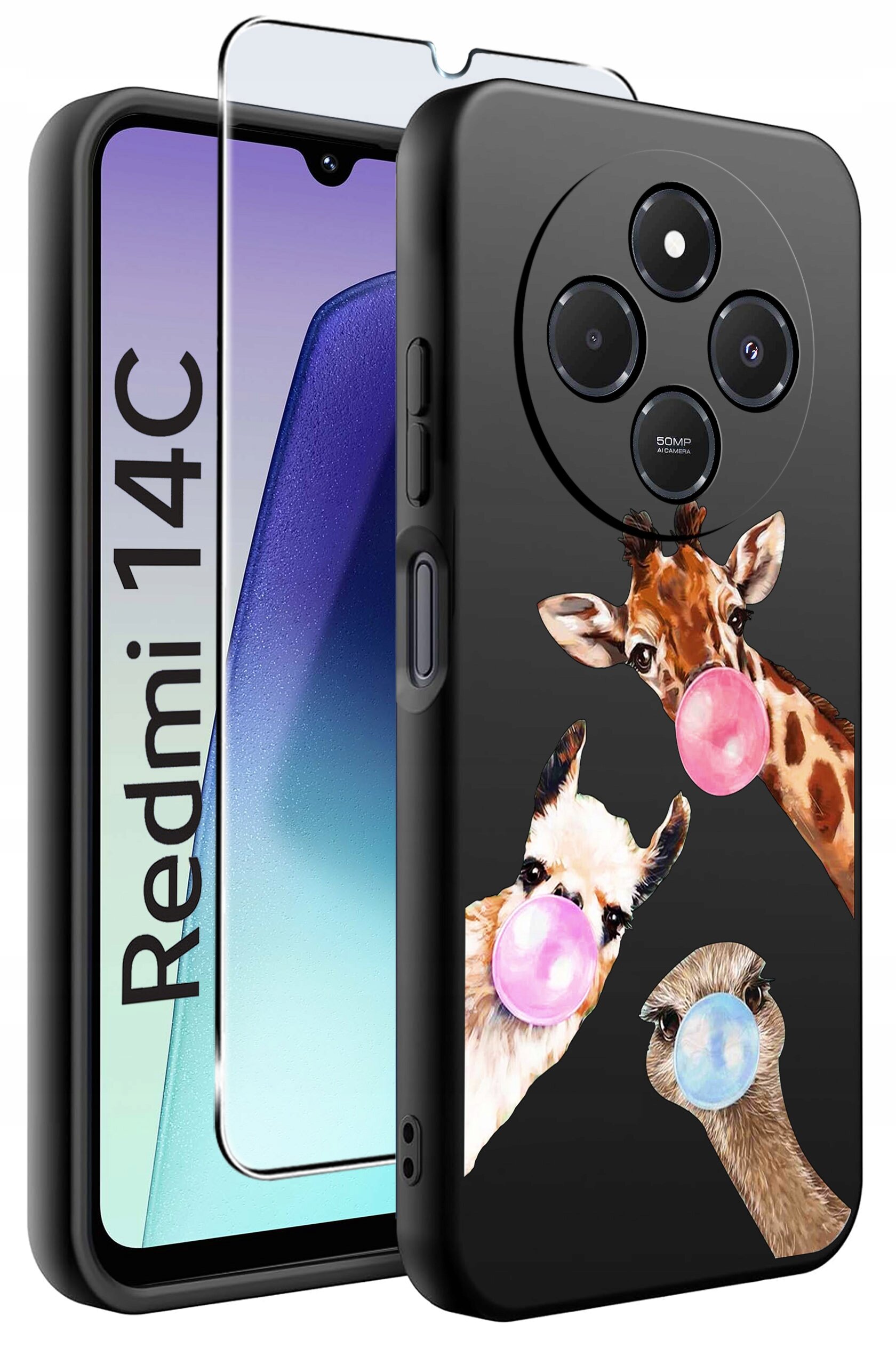 Obraz przedstawia etui na telefon z trzema zwierzętami dmuchającymi różnokolorowe balony z gumy do żucia. Obok etui znajduje się szkło ochronne, a na ekranie telefonu widoczny jest napis \'Redmi 14C\'.
