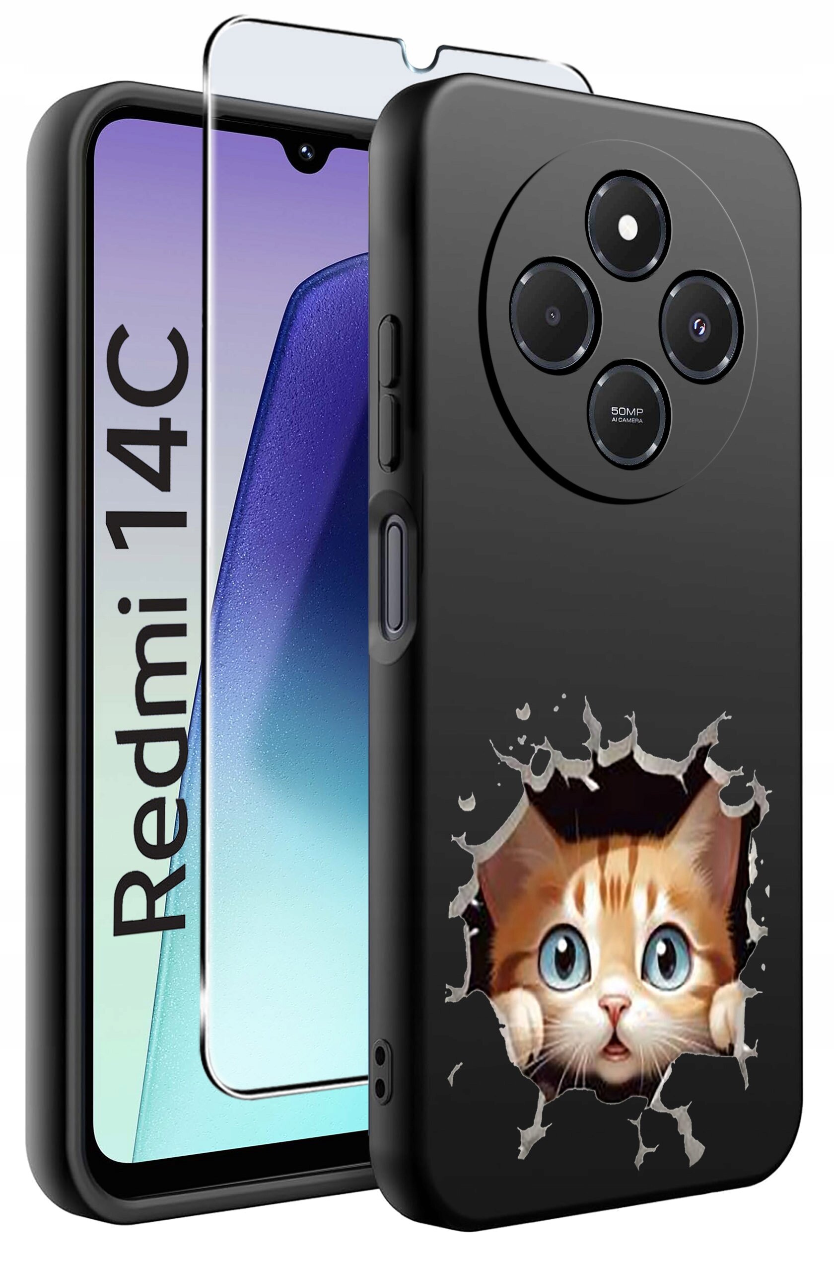 Obraz przedstawia czarne etui na telefon z nadrukiem kota wyglądającego przez dziurę oraz szkło ochronne. Obok widoczny jest telefon z napisem \'Redmi 14C\'.
