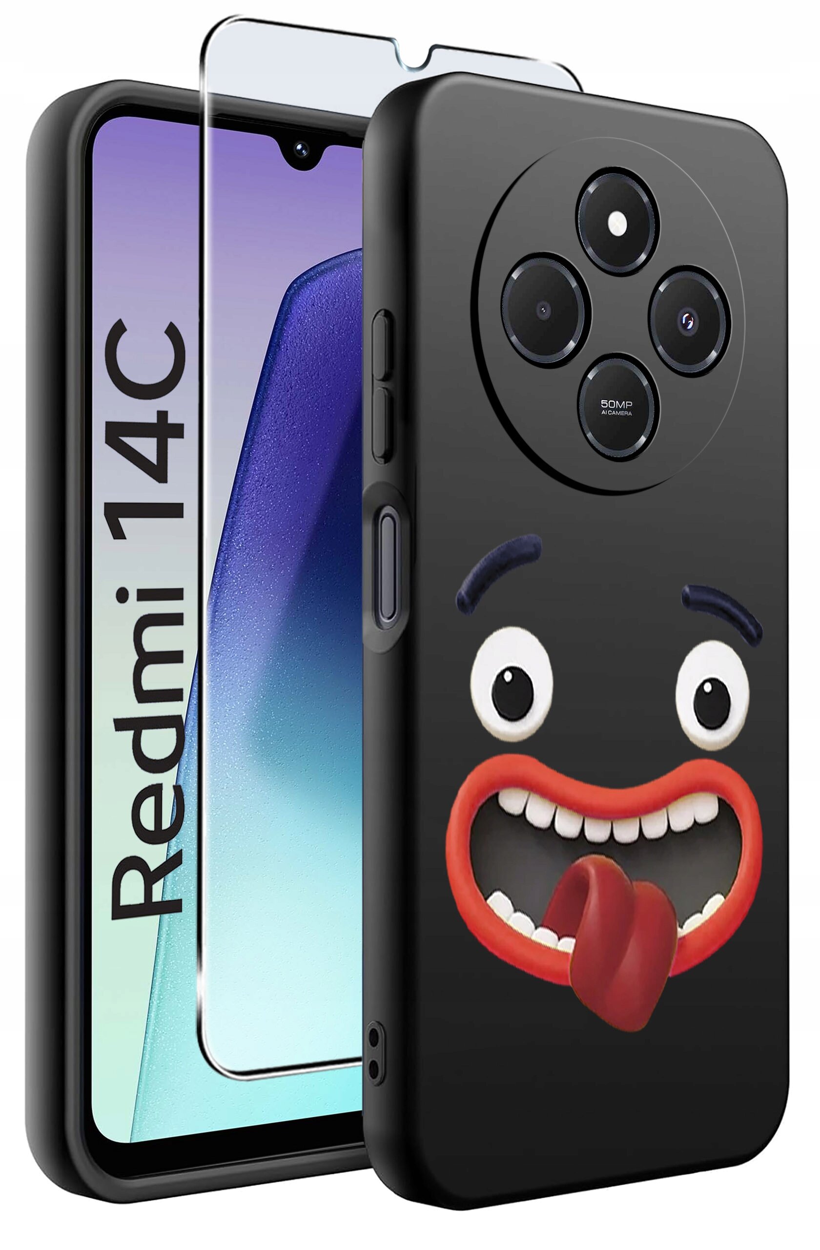 Obraz przedstawia czarne etui na telefon z nadrukiem uśmiechniętej twarzy z wystawionym językiem oraz szkło ochronne. Obok widoczny jest telefon z napisem \'Redmi 14C\'.