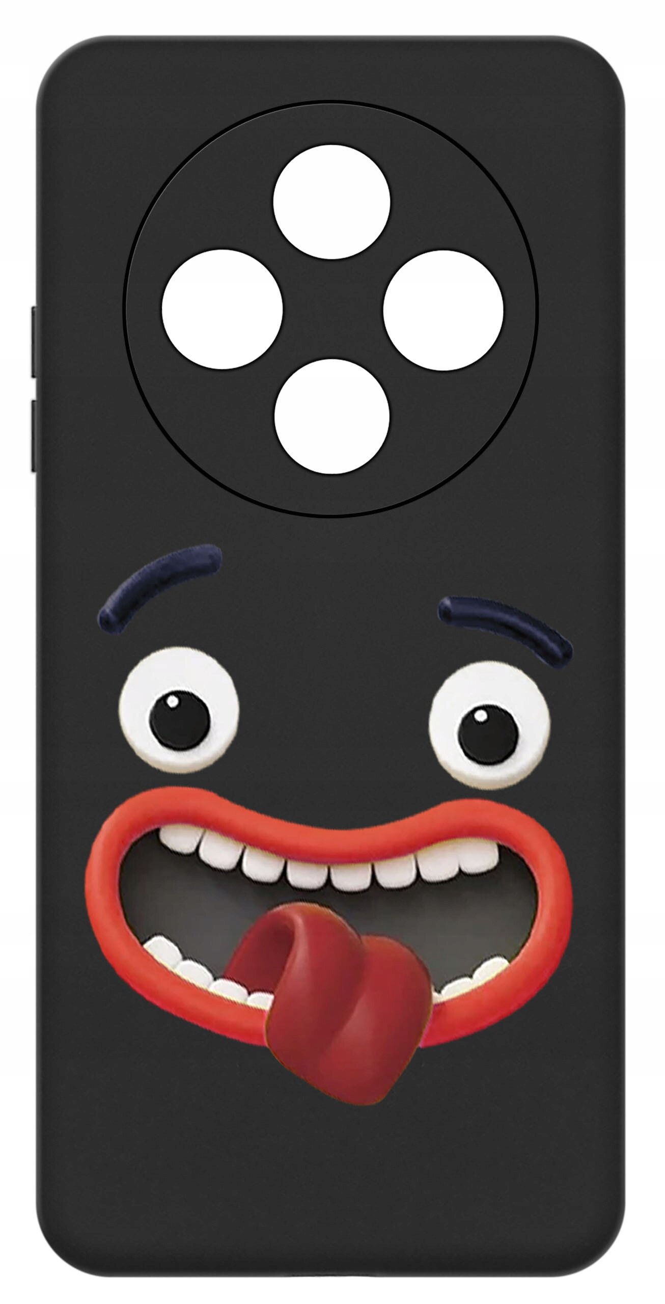 Czarne etui na telefon z zabawnym wzorem przedstawiającym twarz z dużymi oczami, szerokim uśmiechem i wystawionym językiem. W górnej części znajduje się okrągły otwór na aparat z czterema mniejszymi otworami w środku.