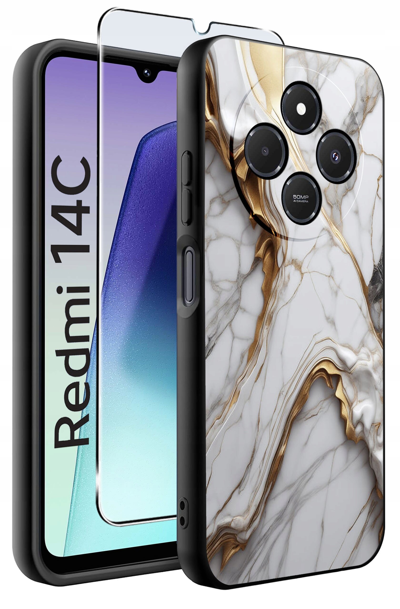 Obraz przedstawia etui na telefon z marmurowym wzorem w odcieniach bieli i złota oraz szkło ochronne. Na ekranie telefonu widoczny jest napis \'Redmi 14C\'.