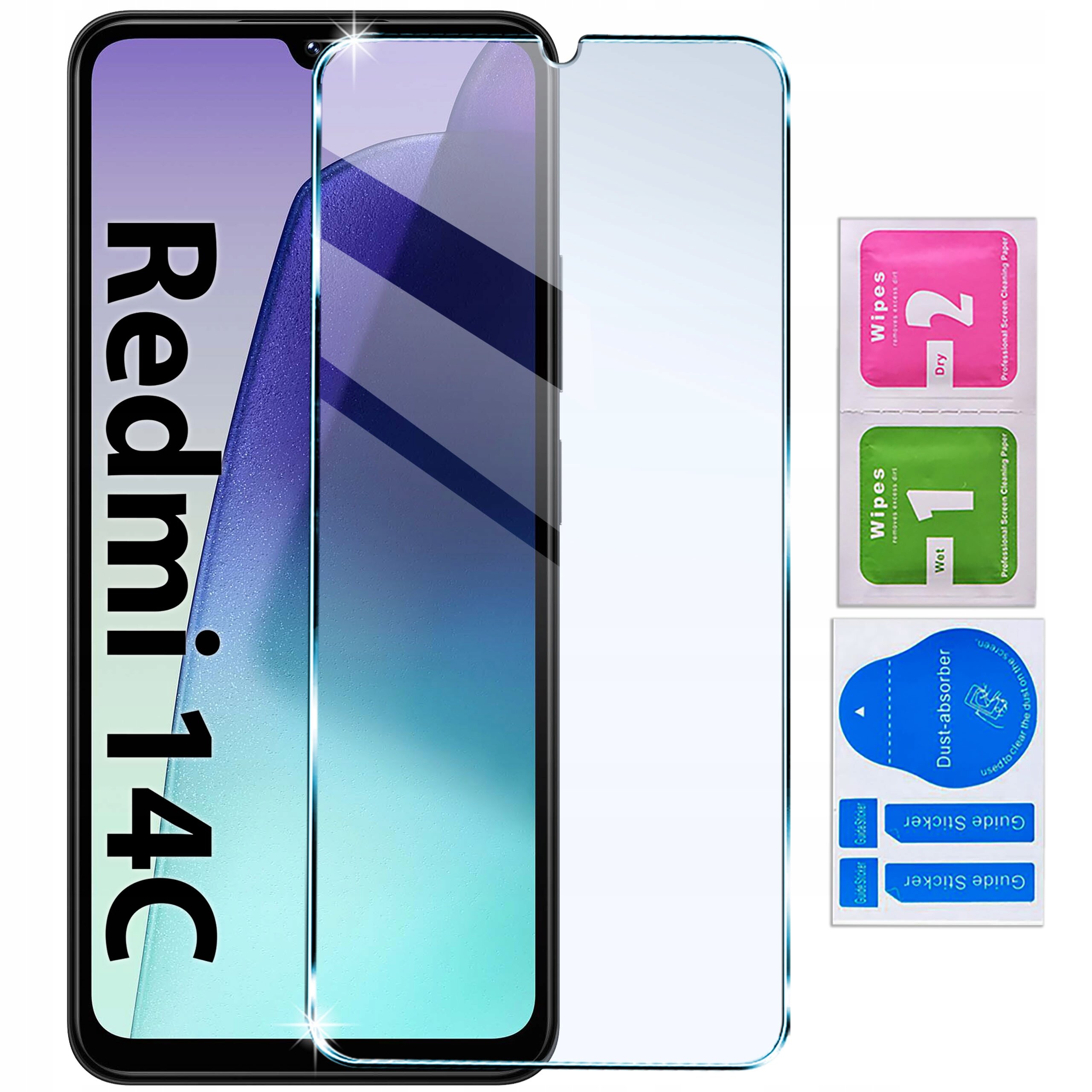 Obraz przedstawia telefon z napisem \'Redmi 14C\' na ekranie, obok którego znajduje się szkło ochronne. Po prawej stronie widoczne są trzy saszetki z napisami: \'Wipes 2 Dry\', \'Wipes 1 Wet\' oraz \'Dust absorber\'.