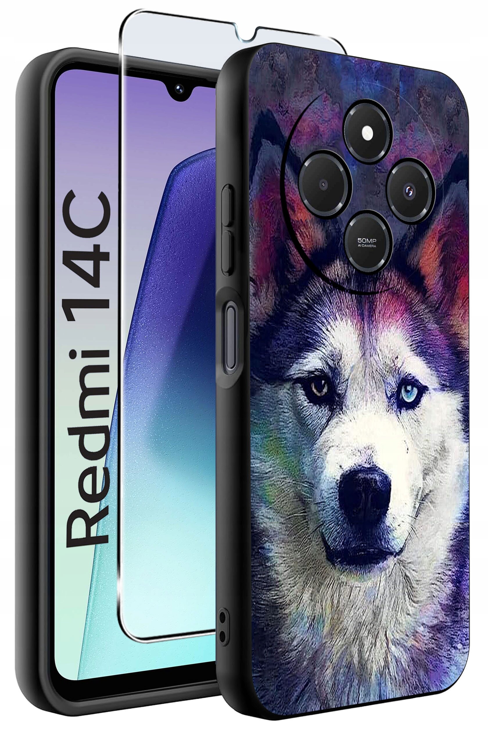 Obraz przedstawia etui na telefon z nadrukiem psa oraz szkło ochronne. Obok widoczny jest telefon z napisem \'Redmi 14C\'.