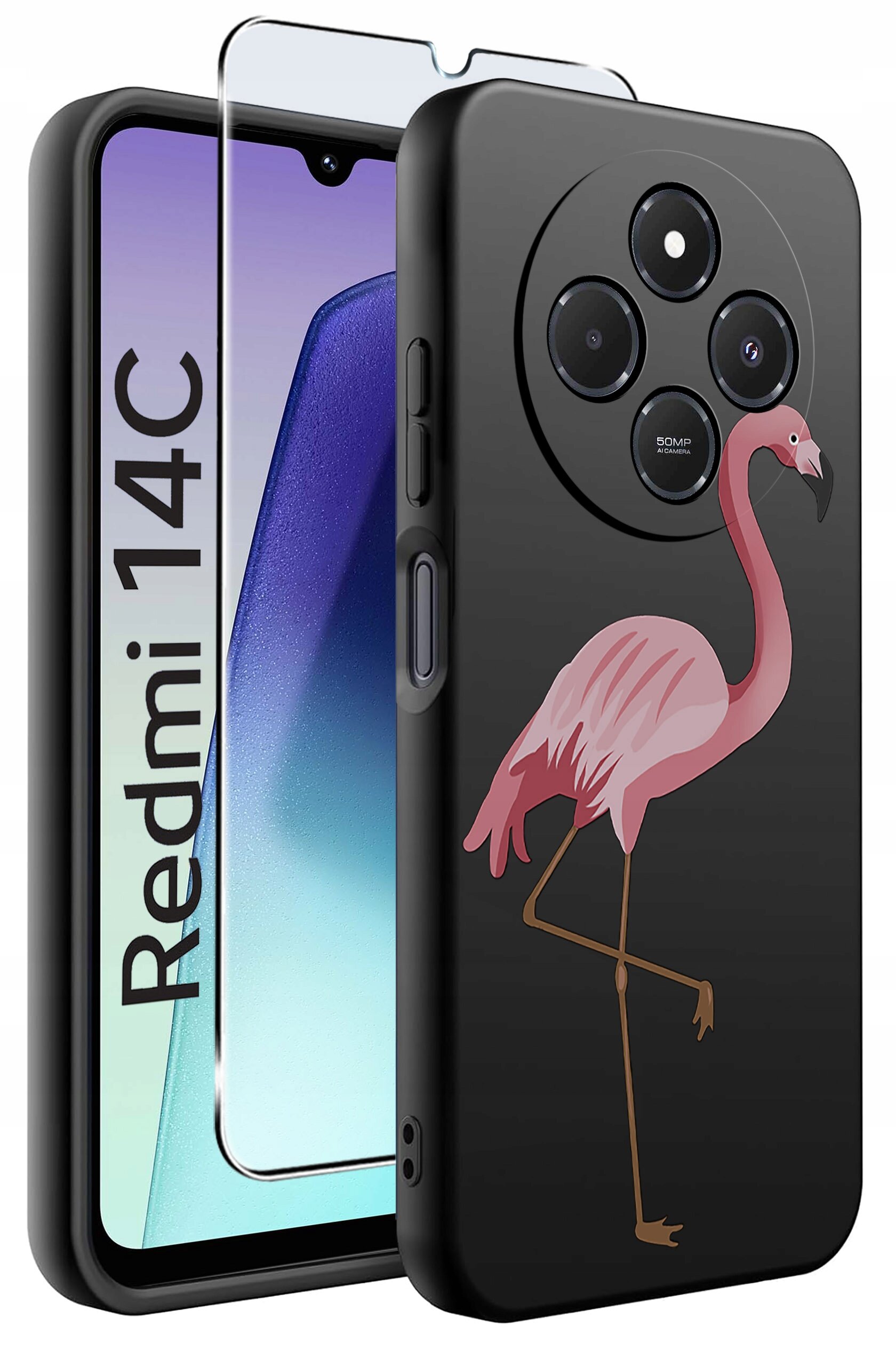 Obraz przedstawia czarne etui na telefon z nadrukiem różowego flaminga oraz szkło ochronne. Obok widoczny jest napis \'Redmi 14C\'.