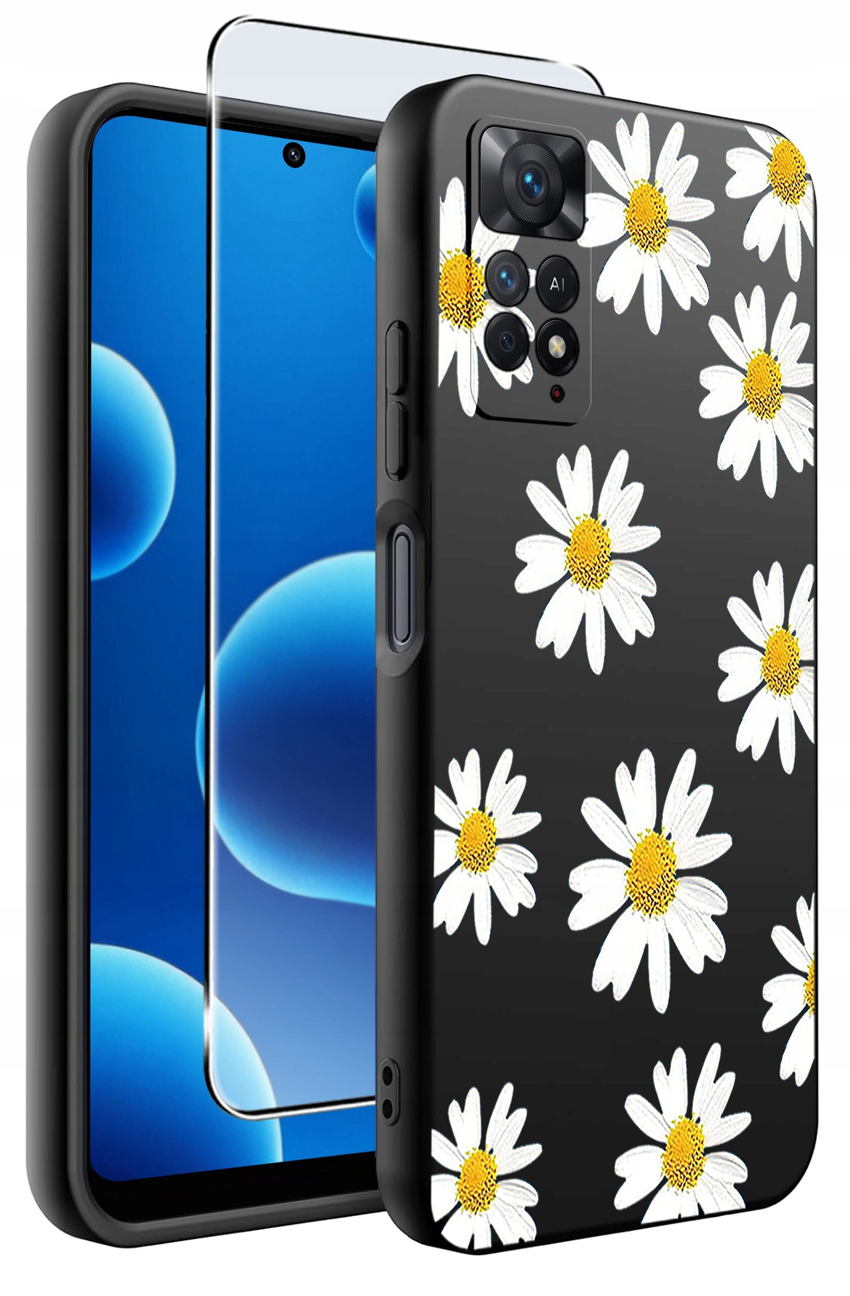 Obraz przedstawia czarne etui na telefon z wzorem białych stokrotek z żółtymi środkami. Obok etui znajduje się szkło ochronne na ekran.