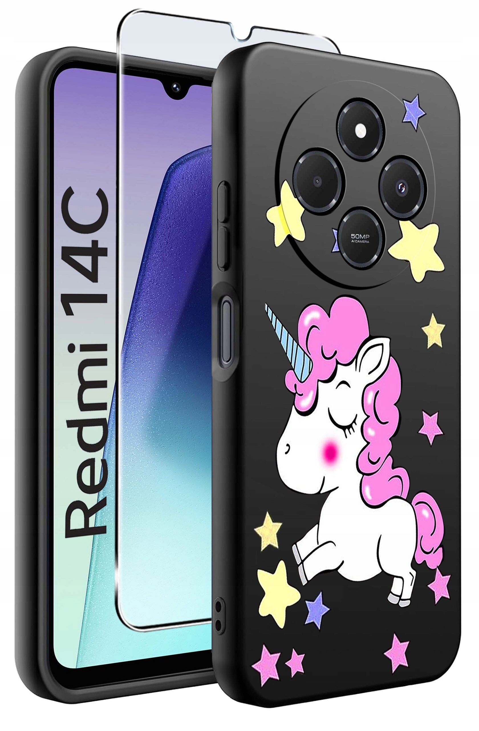 Obraz przedstawia czarne etui na telefon z kolorowym wzorem jednorożca i gwiazdek. Obok etui widoczny jest telefon z napisem \'Redmi 14C\' oraz szkło ochronne.