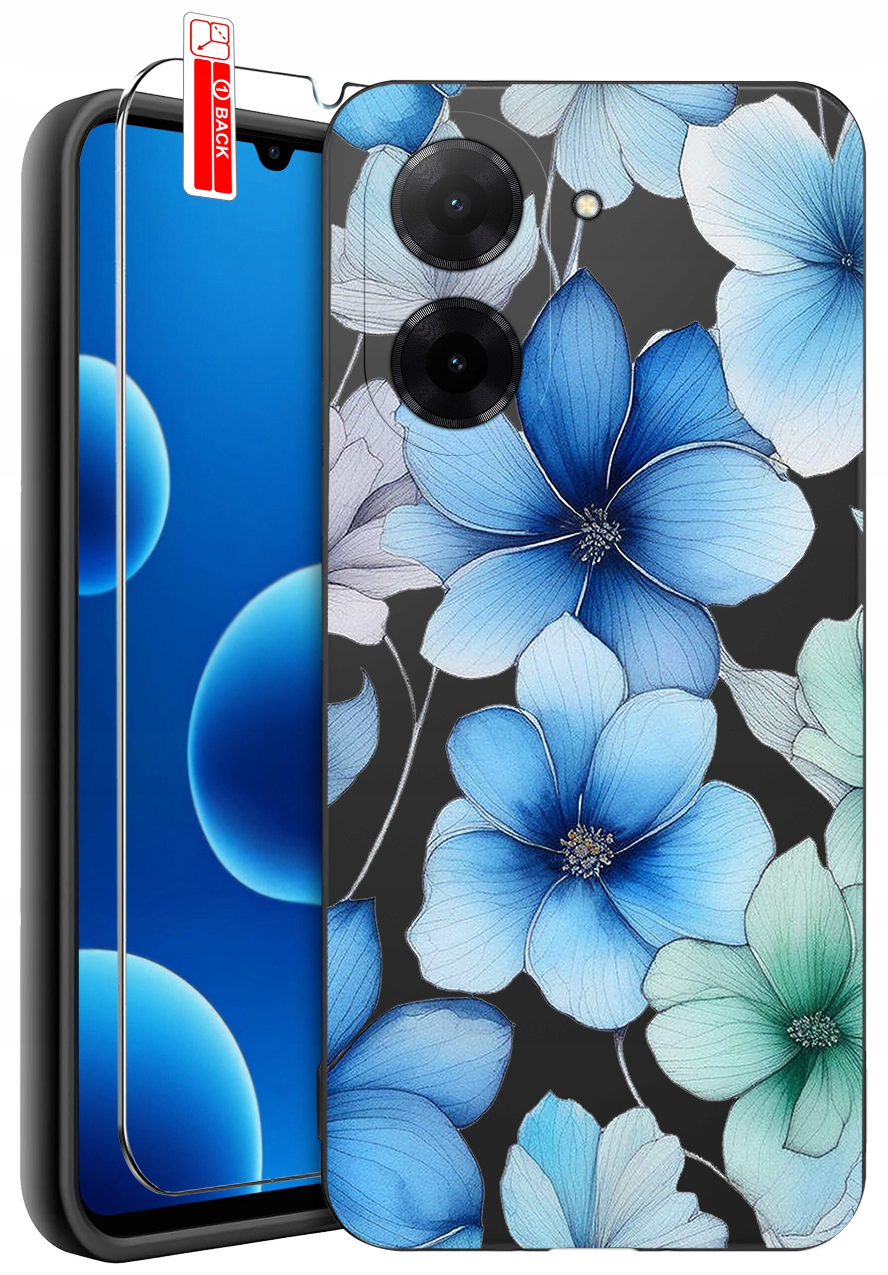 Obraz przedstawia silikonowe etui na telefon z wzorem niebieskich i zielonych kwiatów na czarnym tle. Obok etui znajduje się szkło ochronne z etykietą \'BACK\'.