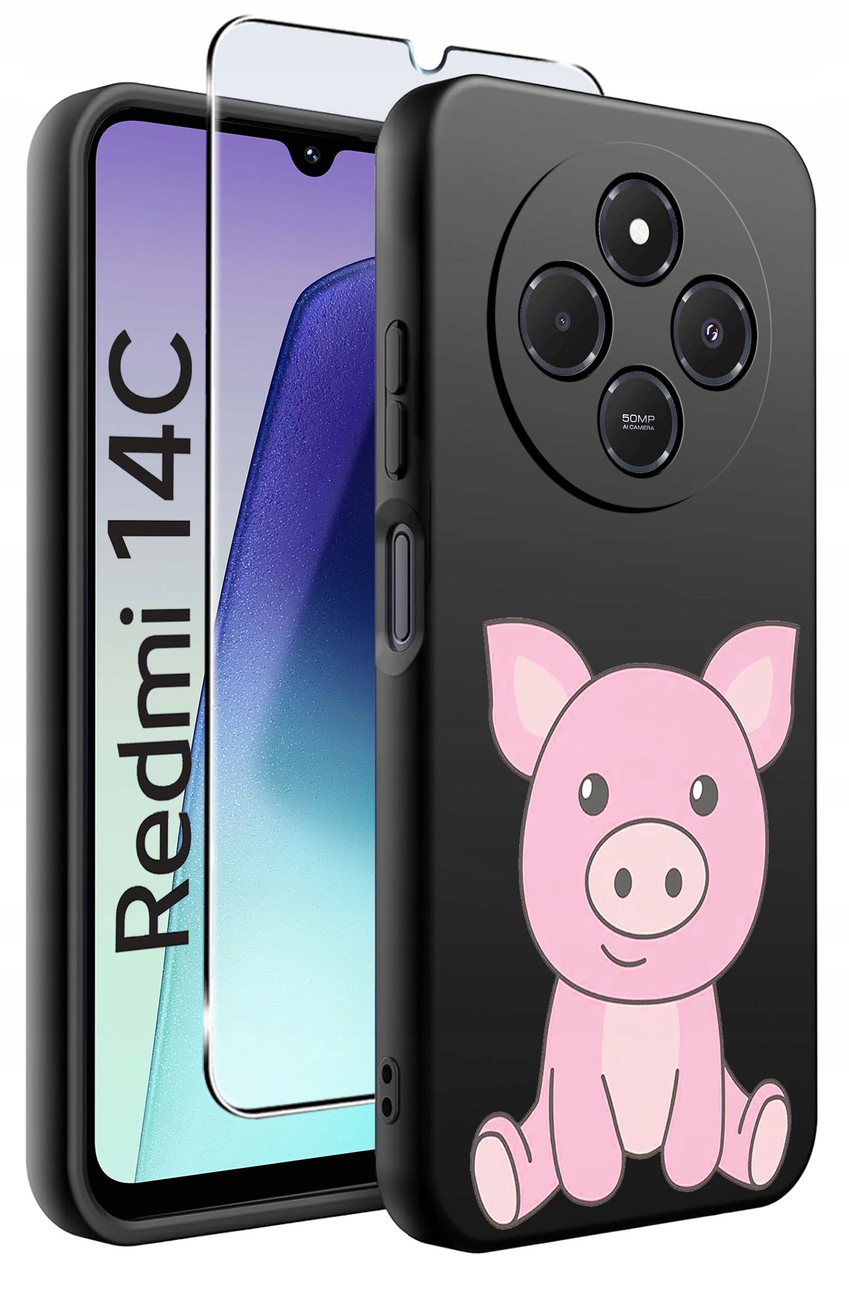 Obraz przedstawia czarne etui na telefon z nadrukiem różowej świnki oraz szkło ochronne. Na ekranie telefonu widoczny jest napis \'Redmi 14C\'.