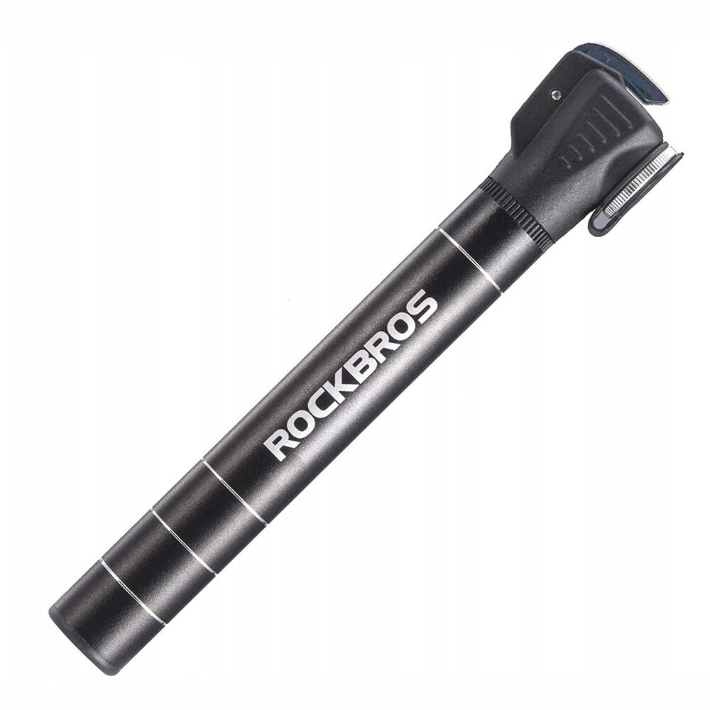 Czarna, ręczna pompka rowerowa z napisem \'ROCKBROS\' na korpusie. Pompka ma kompaktowy, cylindryczny kształt z uchwytem na końcu.