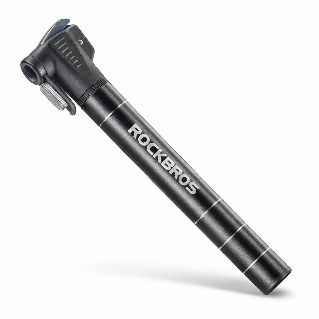 Czarna, ręczna pompka rowerowa z napisem \'ROCKBROS\' na boku, posiadająca metaliczny wygląd i kompaktowy kształt.