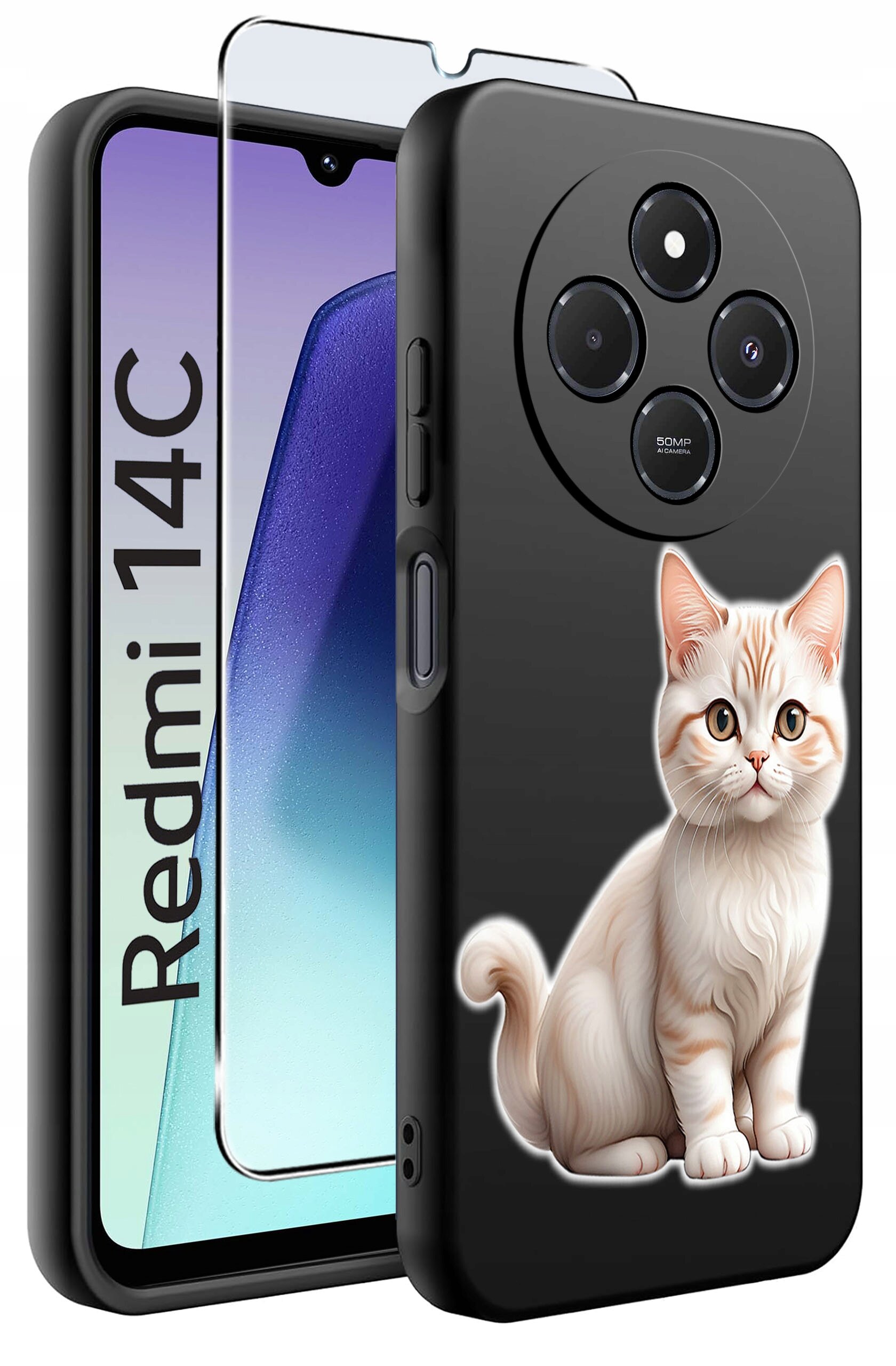 Obraz przedstawia czarne etui na telefon z nadrukiem kota oraz szkło ochronne. Na ekranie telefonu widoczny jest napis \'Redmi 14C\'.
