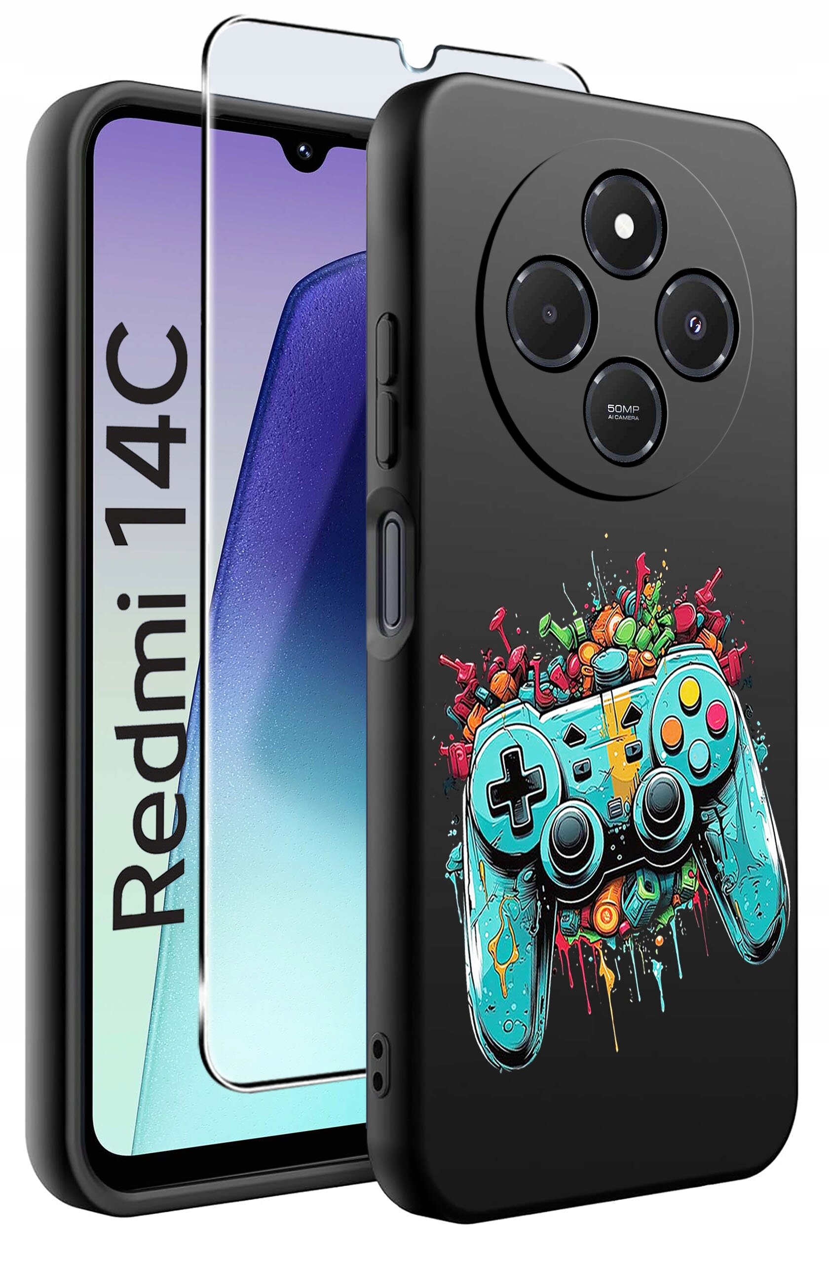 Obraz przedstawia etui na telefon z kolorowym wzorem kontrolera do gier oraz szkło ochronne. Na ekranie telefonu widoczny jest napis \'Redmi 14C\'.