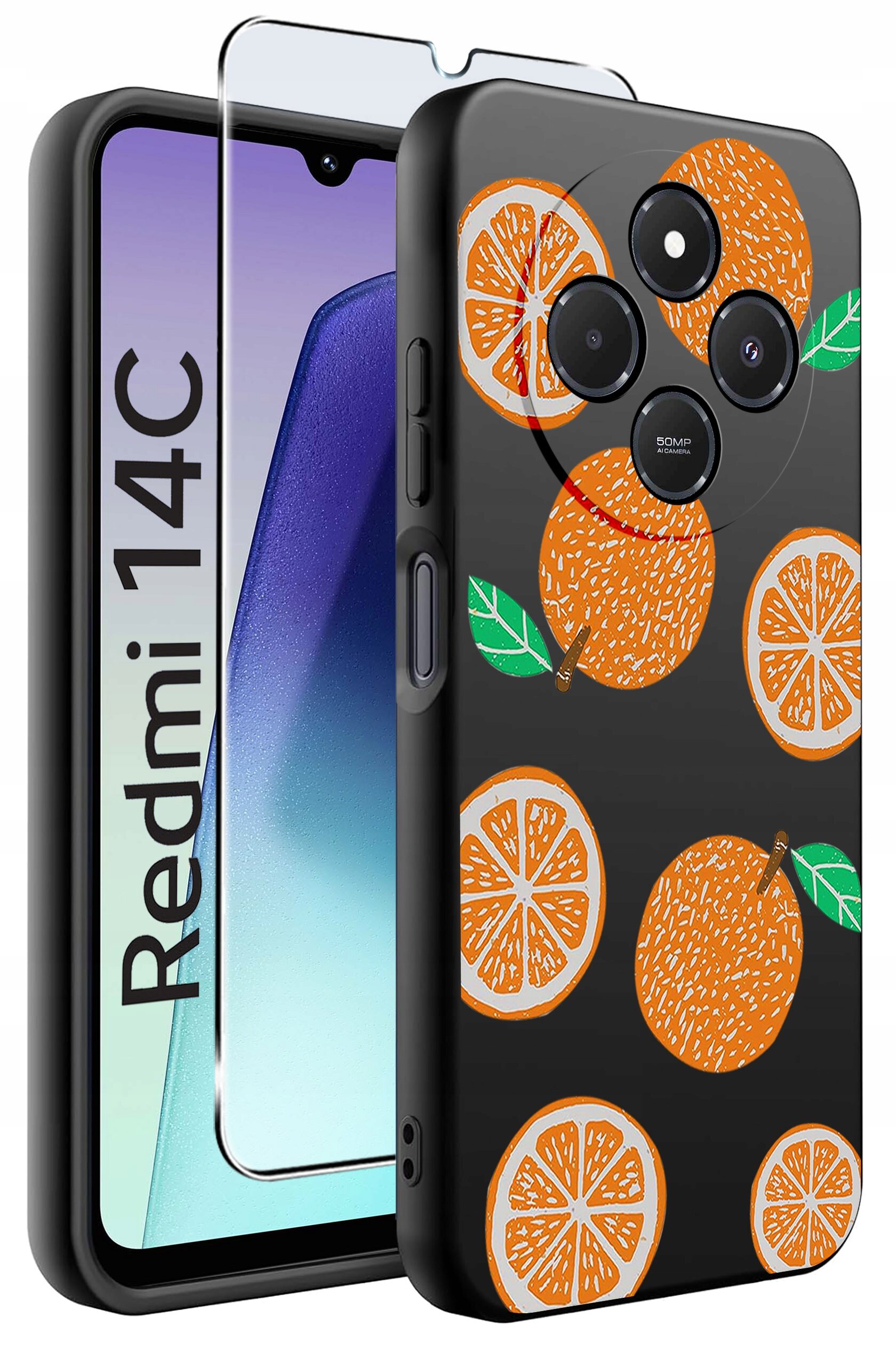 Etui na telefon z motywem pomarańczy, z trzema wycięciami na aparaty. Obok widoczna jest szybka ochronna, a na ekranie telefonu napis \'Redmi 14C\'.