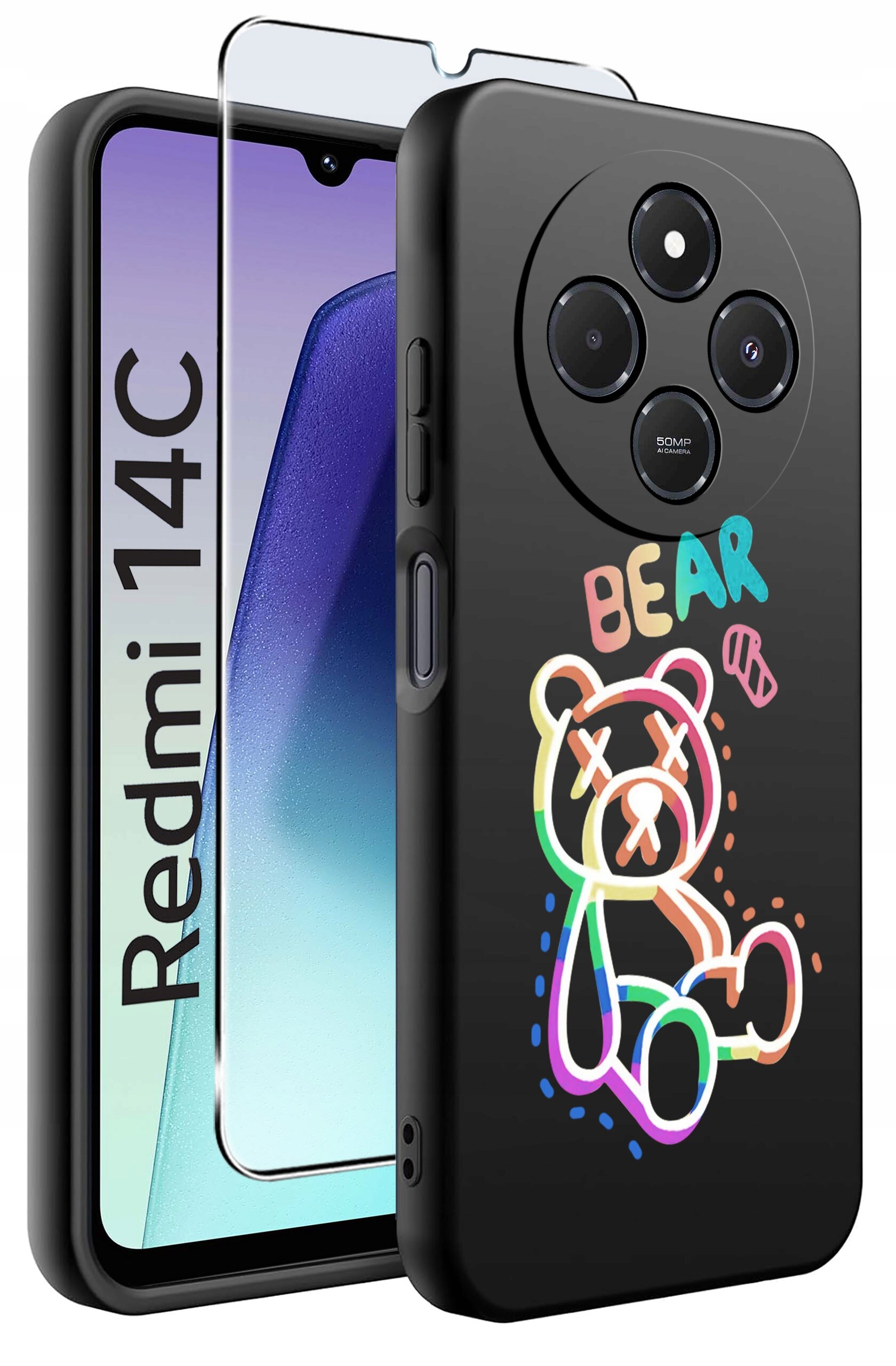 Obraz przedstawia czarne etui na telefon z kolorowym rysunkiem misia i napisem \'BEAR\'. Obok etui znajduje się szkło ochronne, a na ekranie telefonu widoczny jest napis \'Redmi 14C\'.