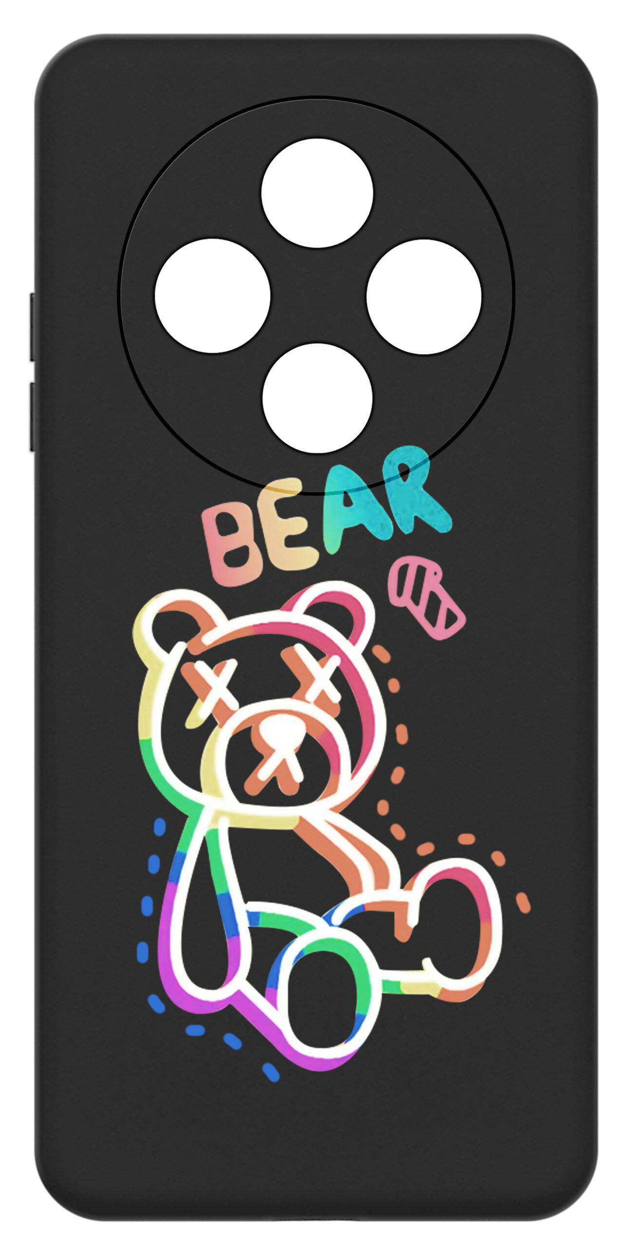 Czarne etui z kolorowym rysunkiem misia i napisem \'BEAR\'. Etui posiada cztery okrągłe wycięcia na aparat.