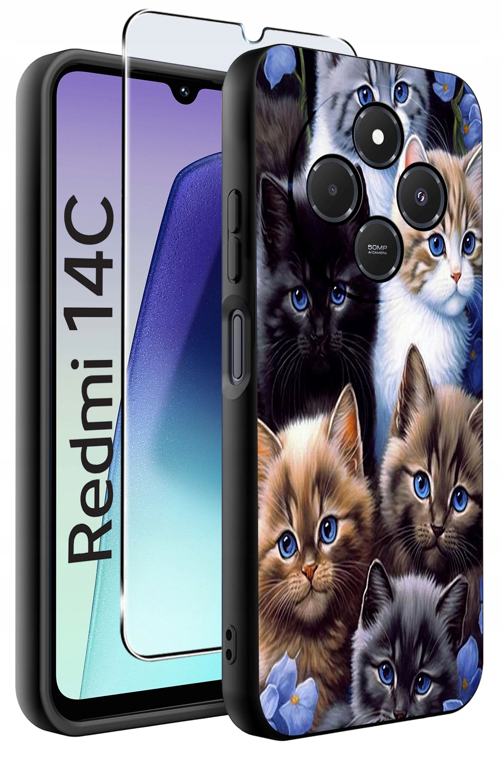 Etui na telefon z wzorem przedstawiającym kilka kotów oraz szkło ochronne na ekran. Obok widoczny jest napis \'Redmi 14C\'.