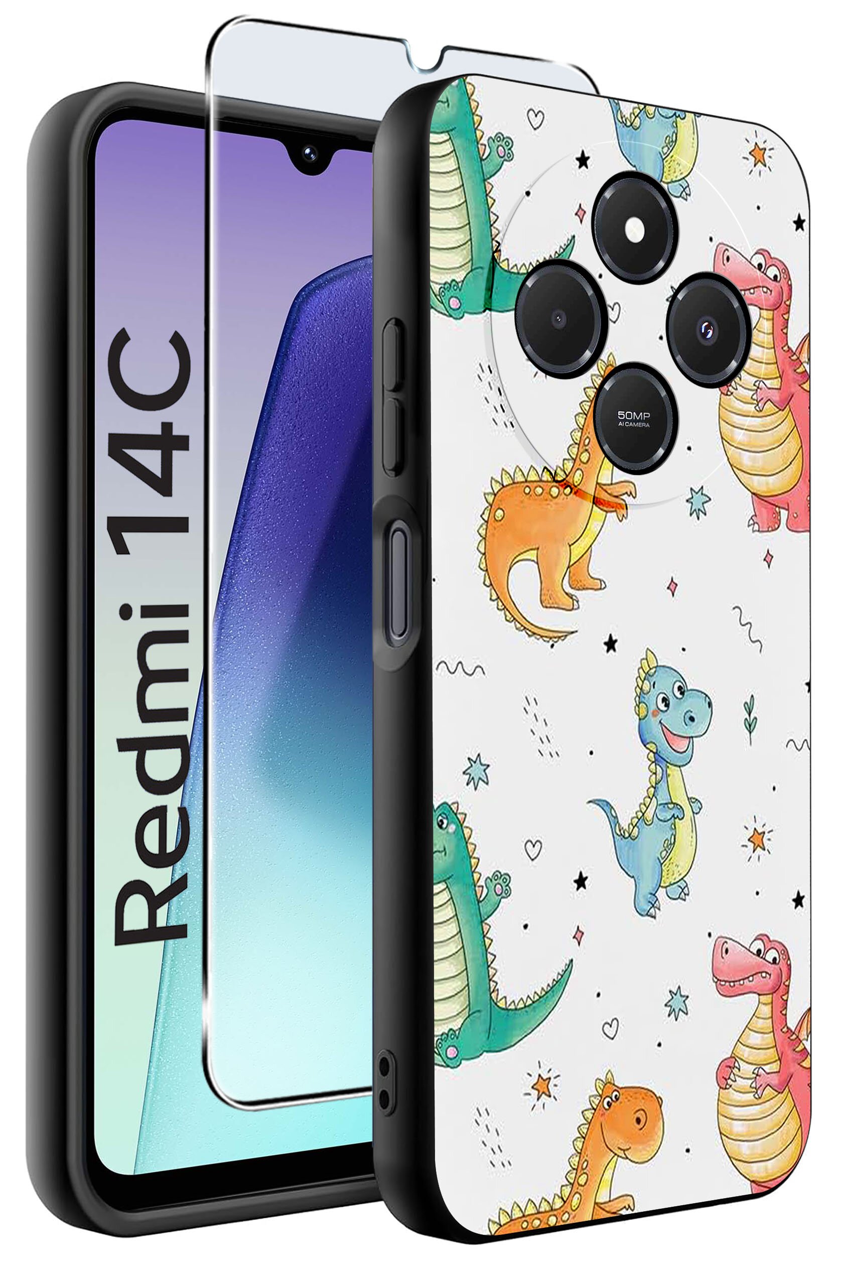 Obraz przedstawia etui na telefon z kolorowymi wzorami dinozaurów oraz szkło ochronne. Na ekranie telefonu widoczny jest napis \'Redmi 14C\'.