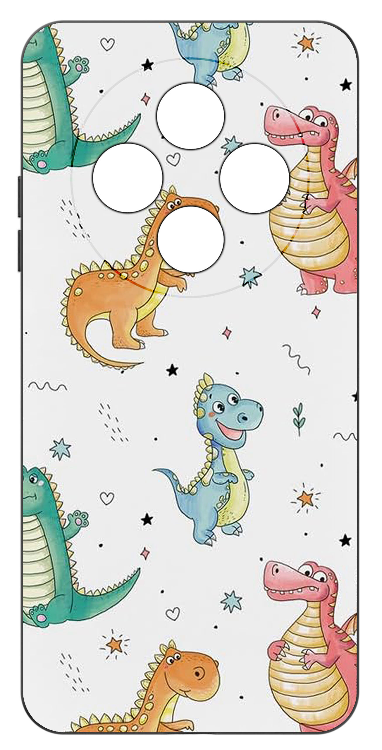Etui na telefon z kolorowym wzorem przedstawiającym uśmiechnięte dinozaury na białym tle. Wzór zawiera także małe gwiazdki i serduszka.