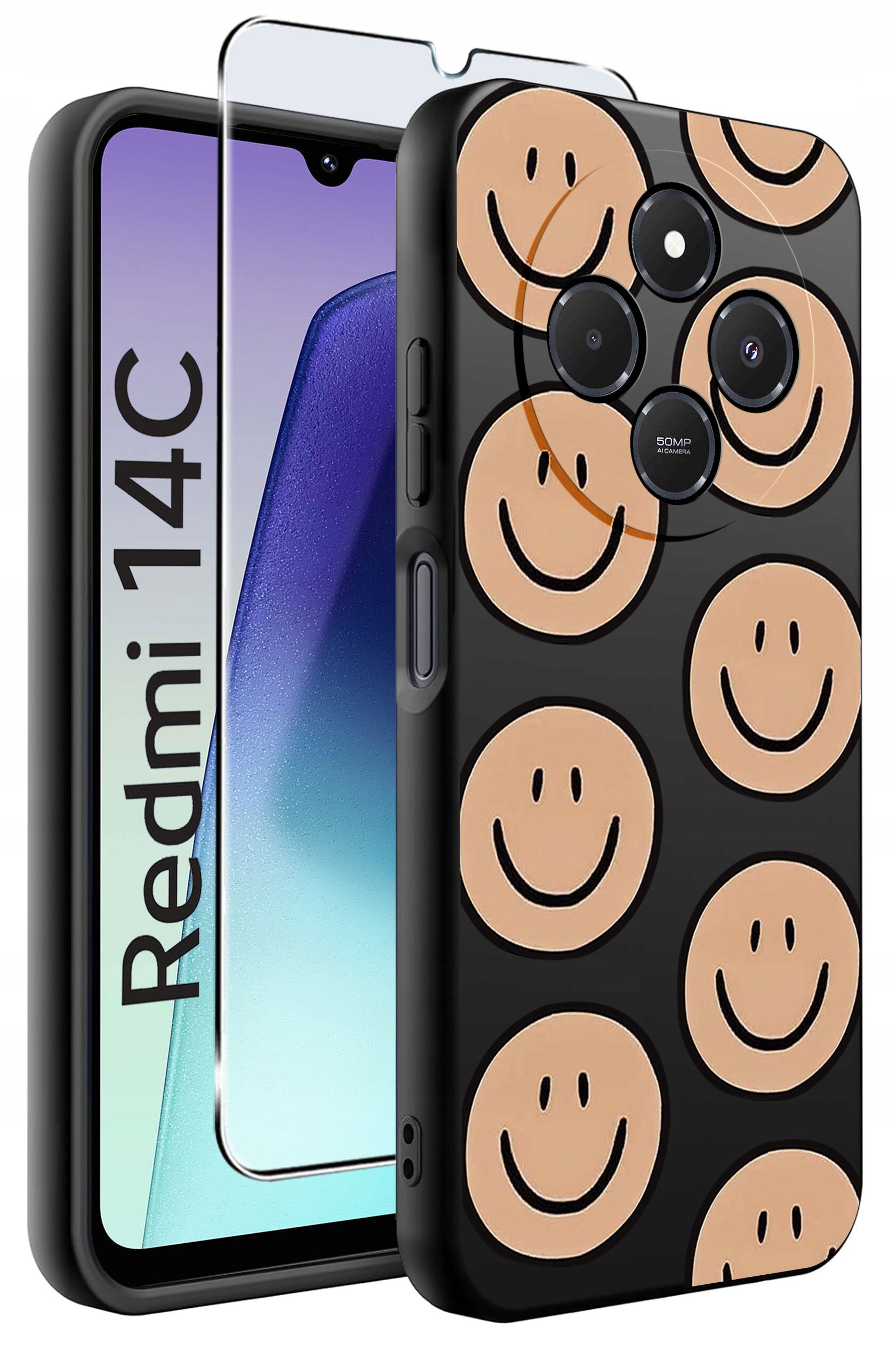 Etui na telefon z wzorem uśmiechniętych buziek w kolorze beżowym na czarnym tle, obok znajduje się szkło ochronne. Na ekranie telefonu widoczny jest napis \'Redmi 14C\'.