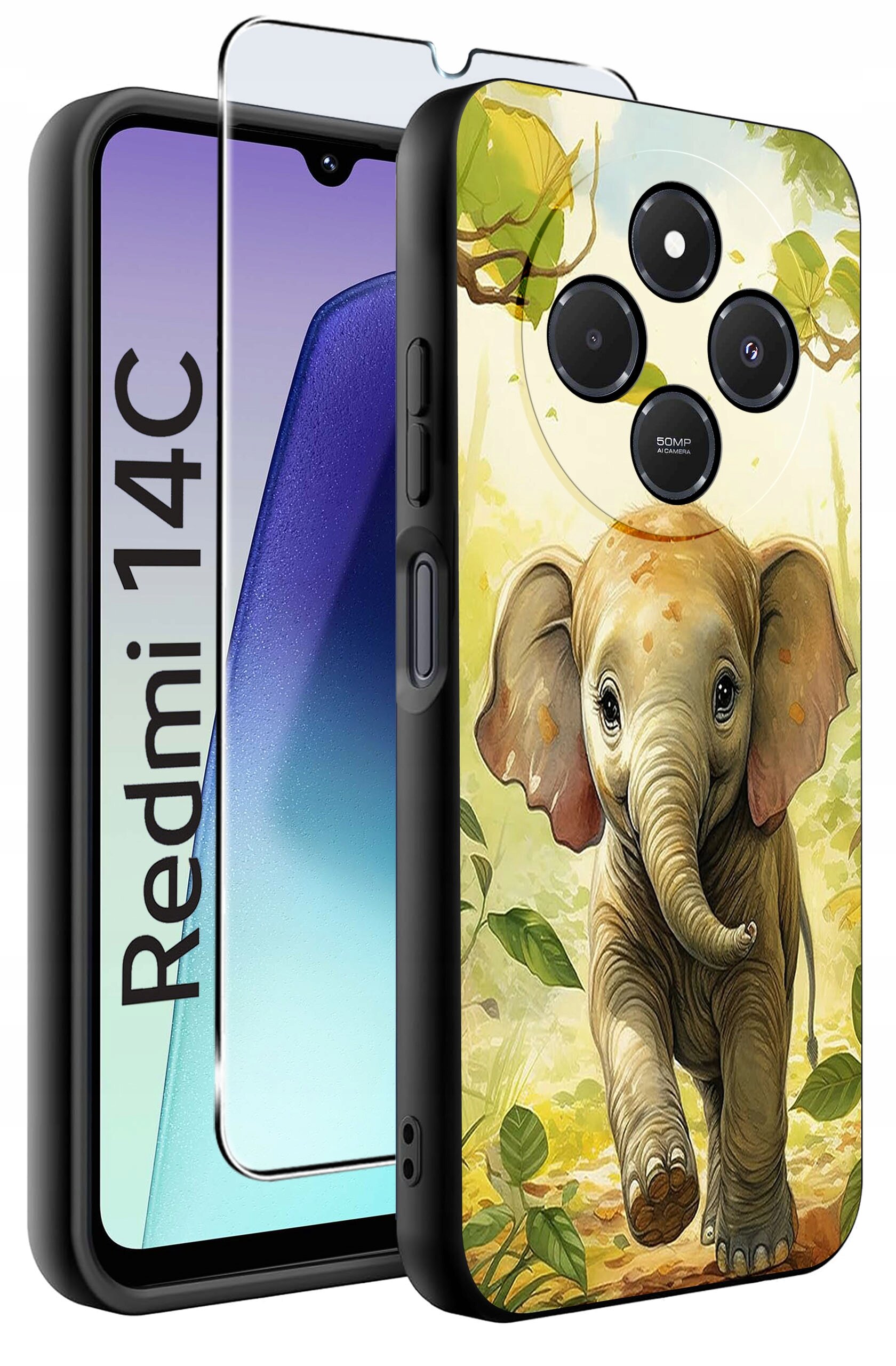 Obraz przedstawia etui na telefon z motywem słonia i liści, z czterema okrągłymi wycięciami na aparaty. Obok etui znajduje się szkło ochronne oraz telefon z widocznym napisem \'Redmi 14C\'.