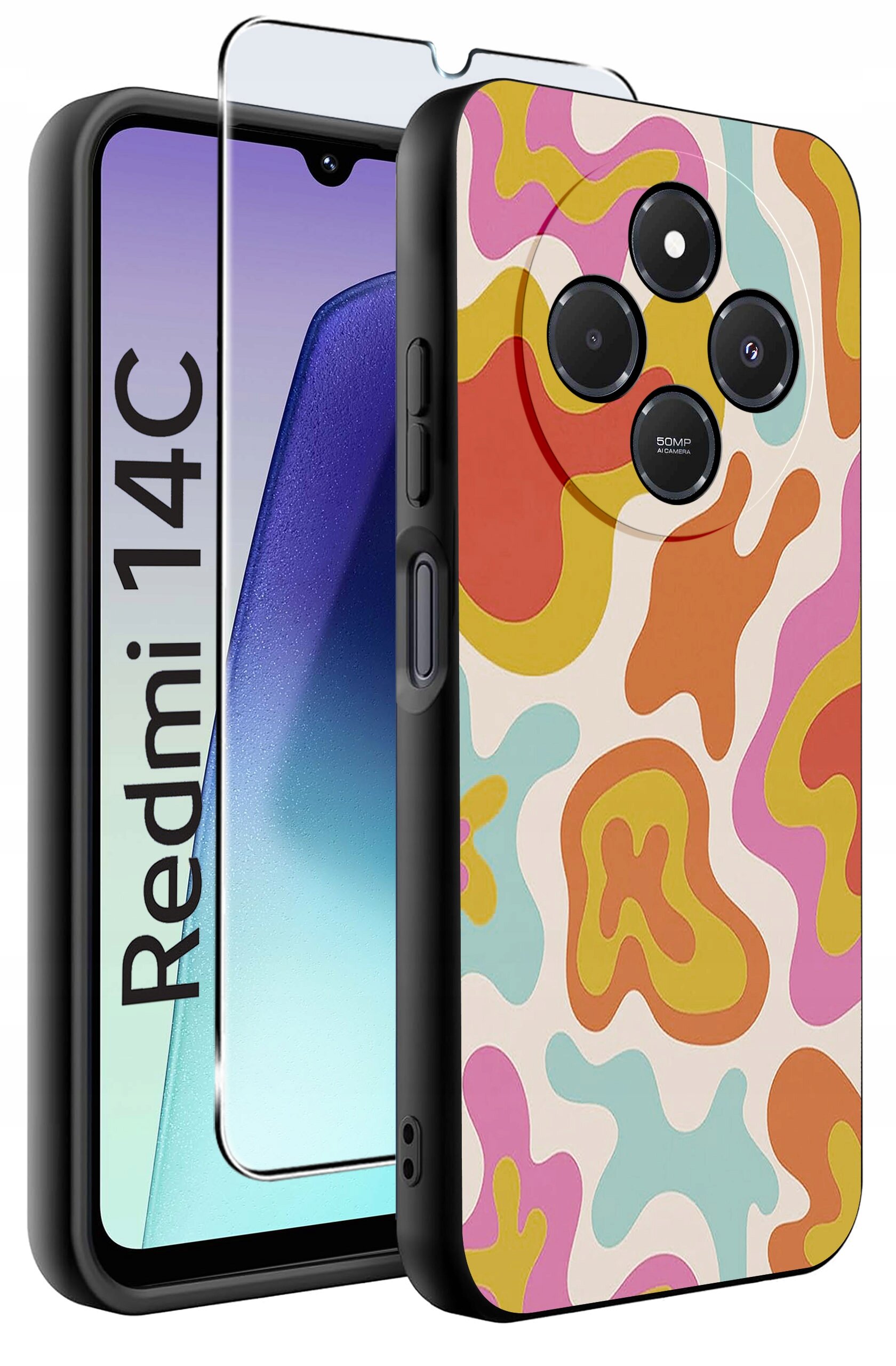 Obraz przedstawia etui na telefon z kolorowym, abstrakcyjnym wzorem oraz szkło ochronne. Na ekranie telefonu widoczny jest napis \'Redmi 14C\'.