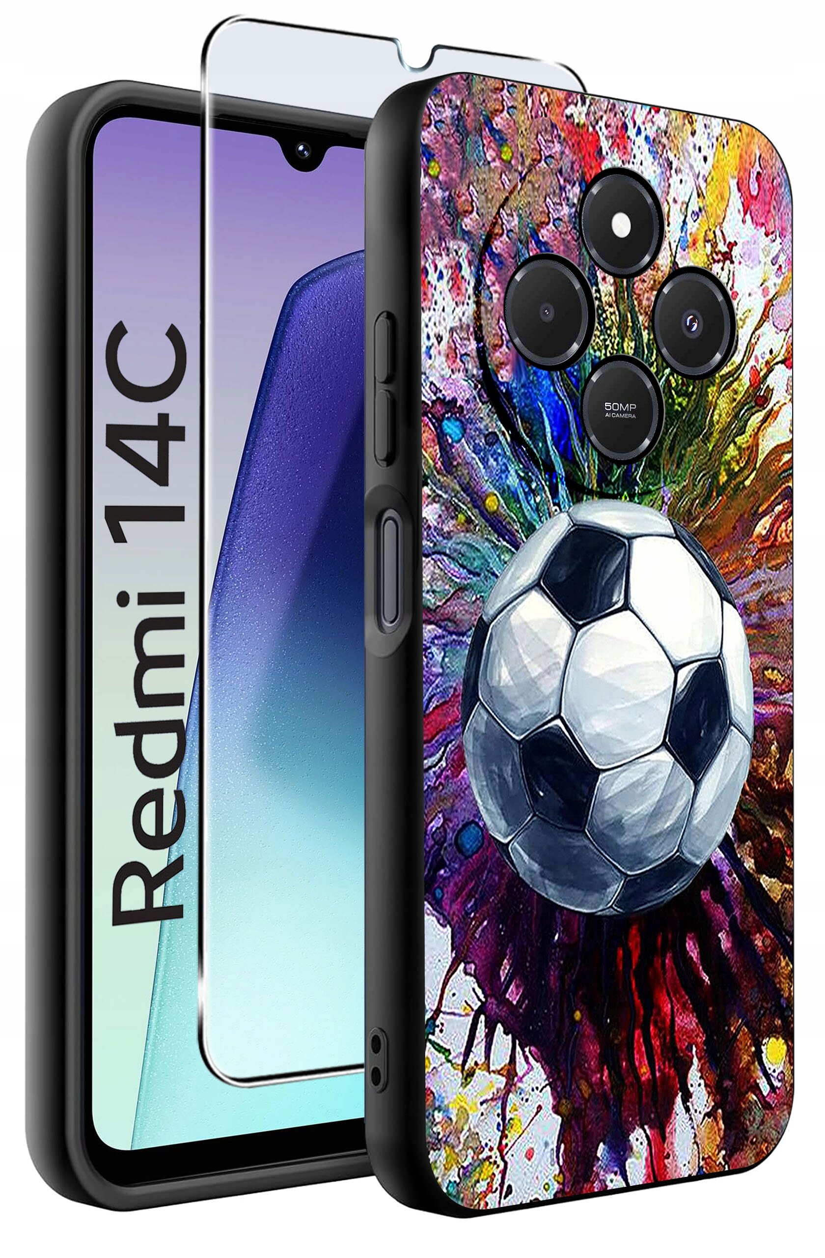 Etui na telefon z kolorowym wzorem przedstawiającym piłkę nożną na tle rozpryskujących się farb. Obok etui widoczny jest telefon z napisem \'Redmi 14C\' oraz szkło ochronne.