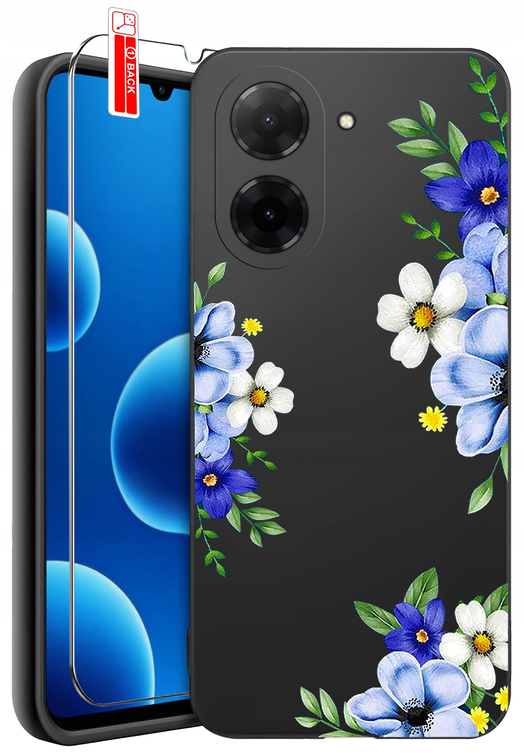 Czarne etui na telefon z kolorowym wzorem kwiatów w odcieniach niebieskiego i białego. Obok etui znajduje się szkło ochronne z oznaczeniem \'BACK\'.