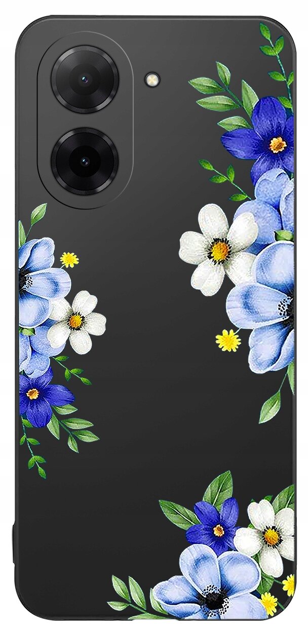 Czarne etui na telefon z kolorowym wzorem kwiatów w odcieniach niebieskiego, białego i żółtego. Etui posiada dwa otwory na aparaty fotograficzne.