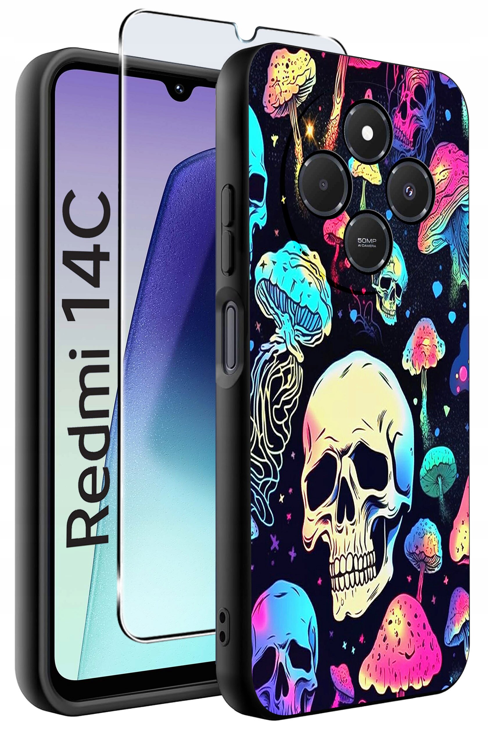 Obraz przedstawia etui na telefon z kolorowym wzorem czaszek i grzybów oraz szkło ochronne. Na ekranie telefonu widoczny jest napis \'Redmi 14C\'.