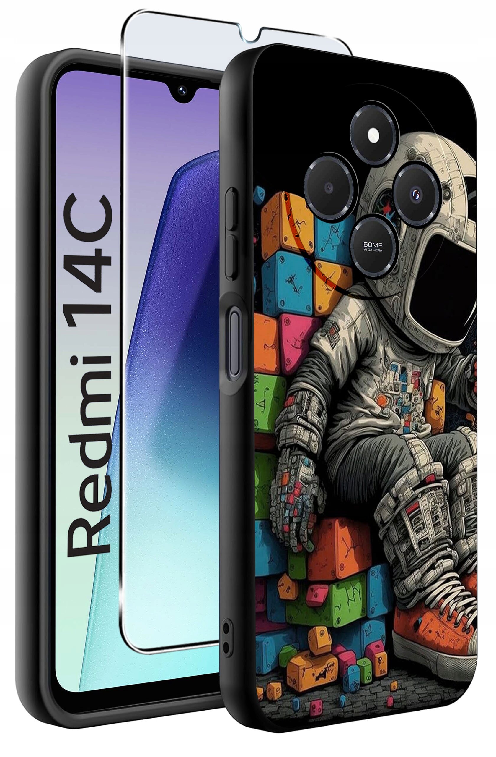 Obraz przedstawia etui na telefon z kolorowym wzorem przedstawiającym astronautę siedzącego na klockach. Obok widoczny jest telefon z napisem \'Redmi 14C\' oraz szkło ochronne.