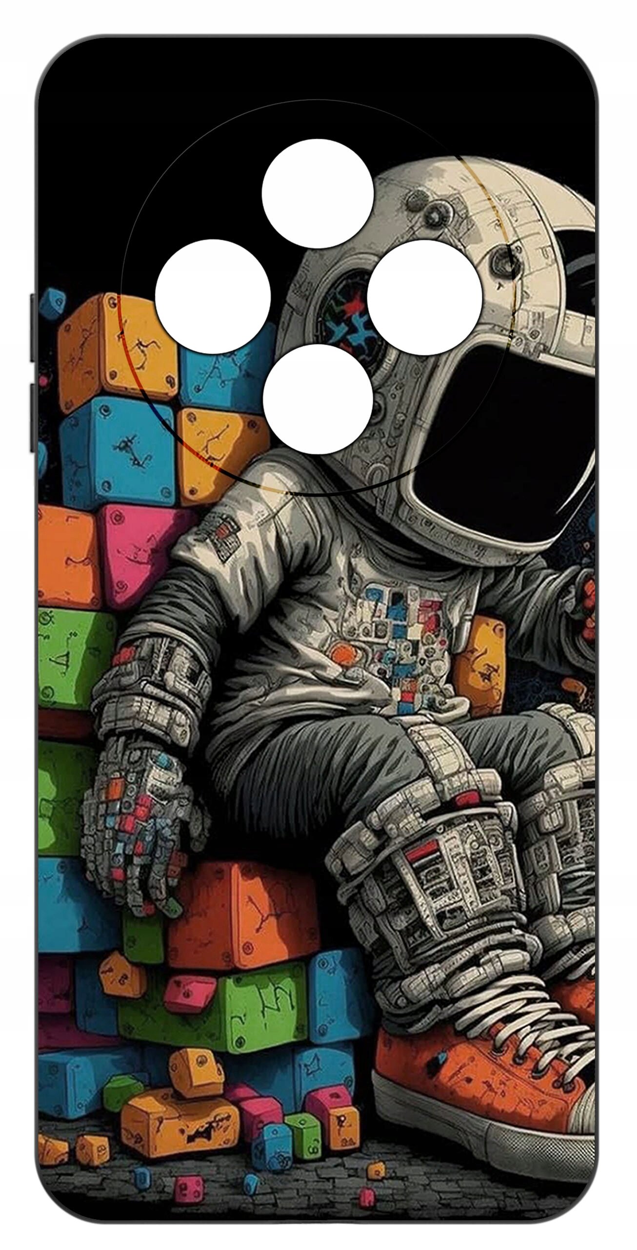 Etui przedstawia postać astronauty siedzącego na kolorowych klockach. Astronauta ma na sobie szczegółowy skafander z widocznymi elementami technicznymi i pomarańczowe buty.