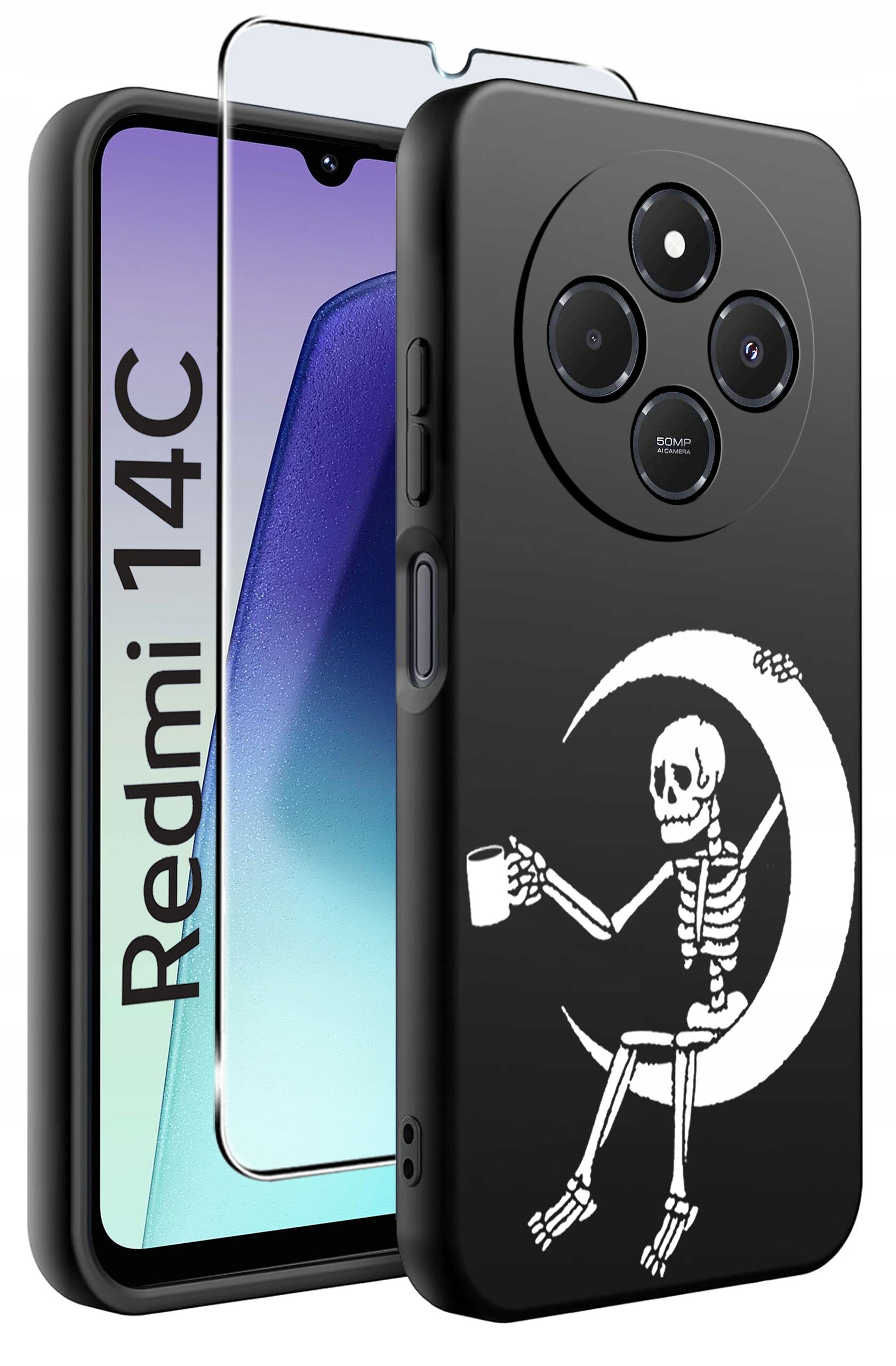 Obraz przedstawia czarne etui na telefon z nadrukiem szkieletu siedzącego na księżycu, trzymającego kubek. Obok etui znajduje się szkło ochronne oraz telefon z widocznym napisem \'Redmi 14C\'.