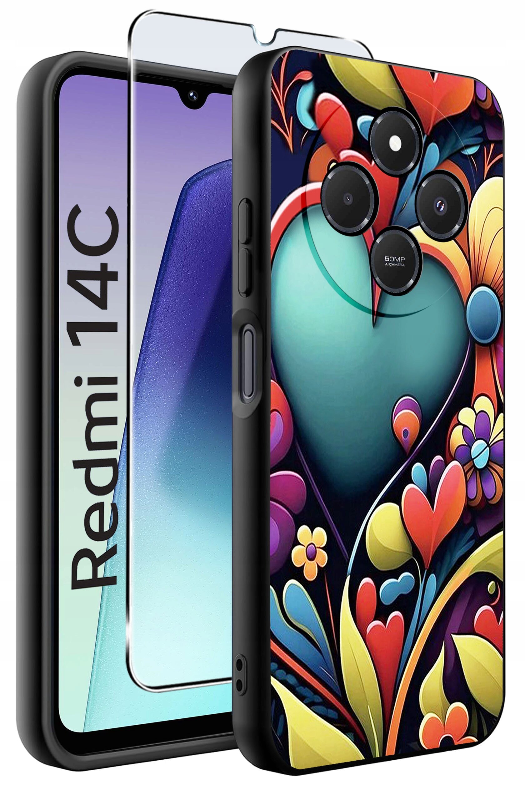 Obraz przedstawia telefon z kolorowym etui z motywem serca i kwiatów oraz szkło ochronne. Na ekranie telefonu widoczny jest napis \'Redmi 14C\'.