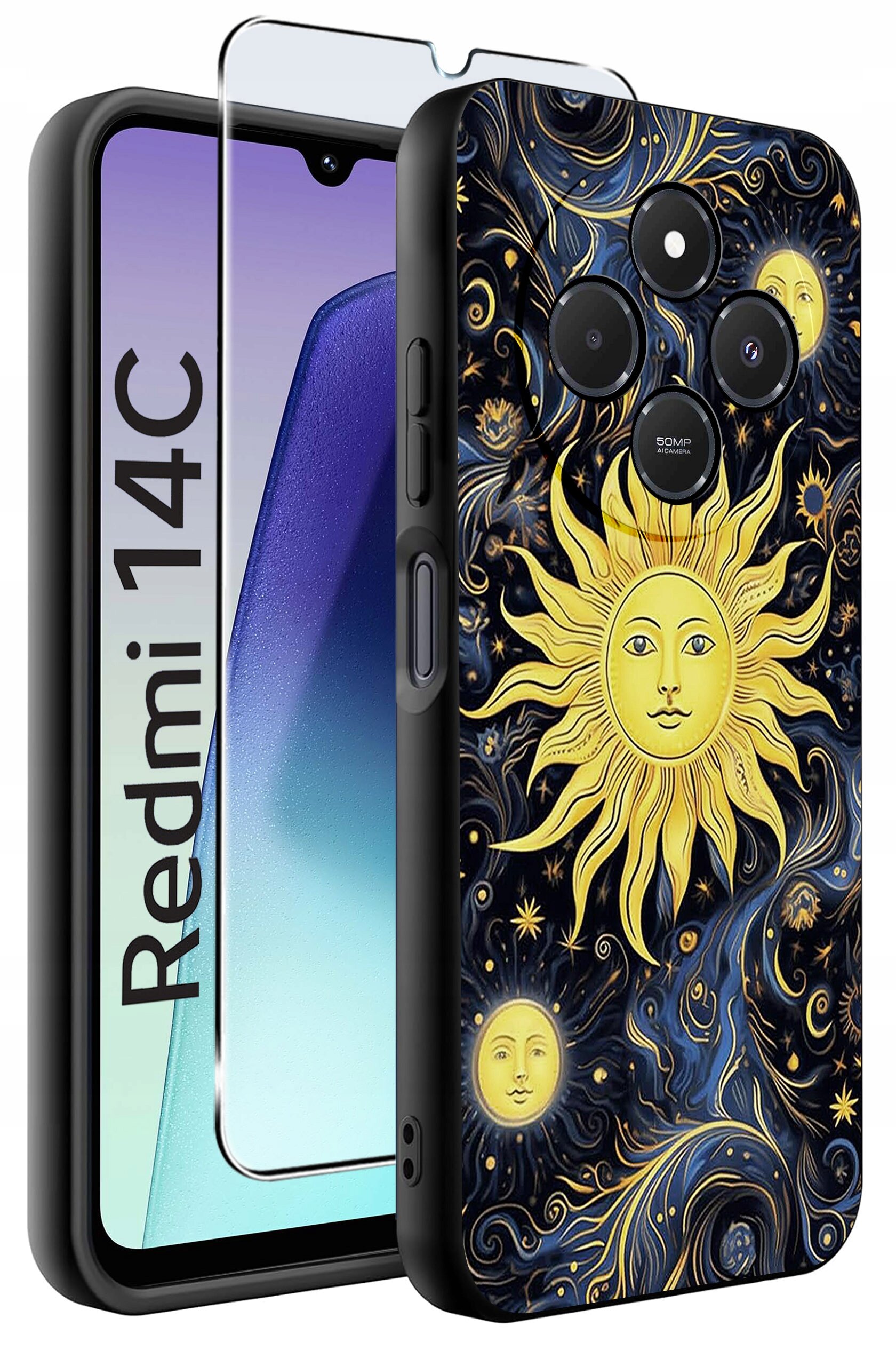 Obraz przedstawia etui na telefon z wzorem słońca i gwiazd na ciemnym tle oraz szkło ochronne. Na ekranie telefonu widoczny jest napis \'Redmi 14C\'.
