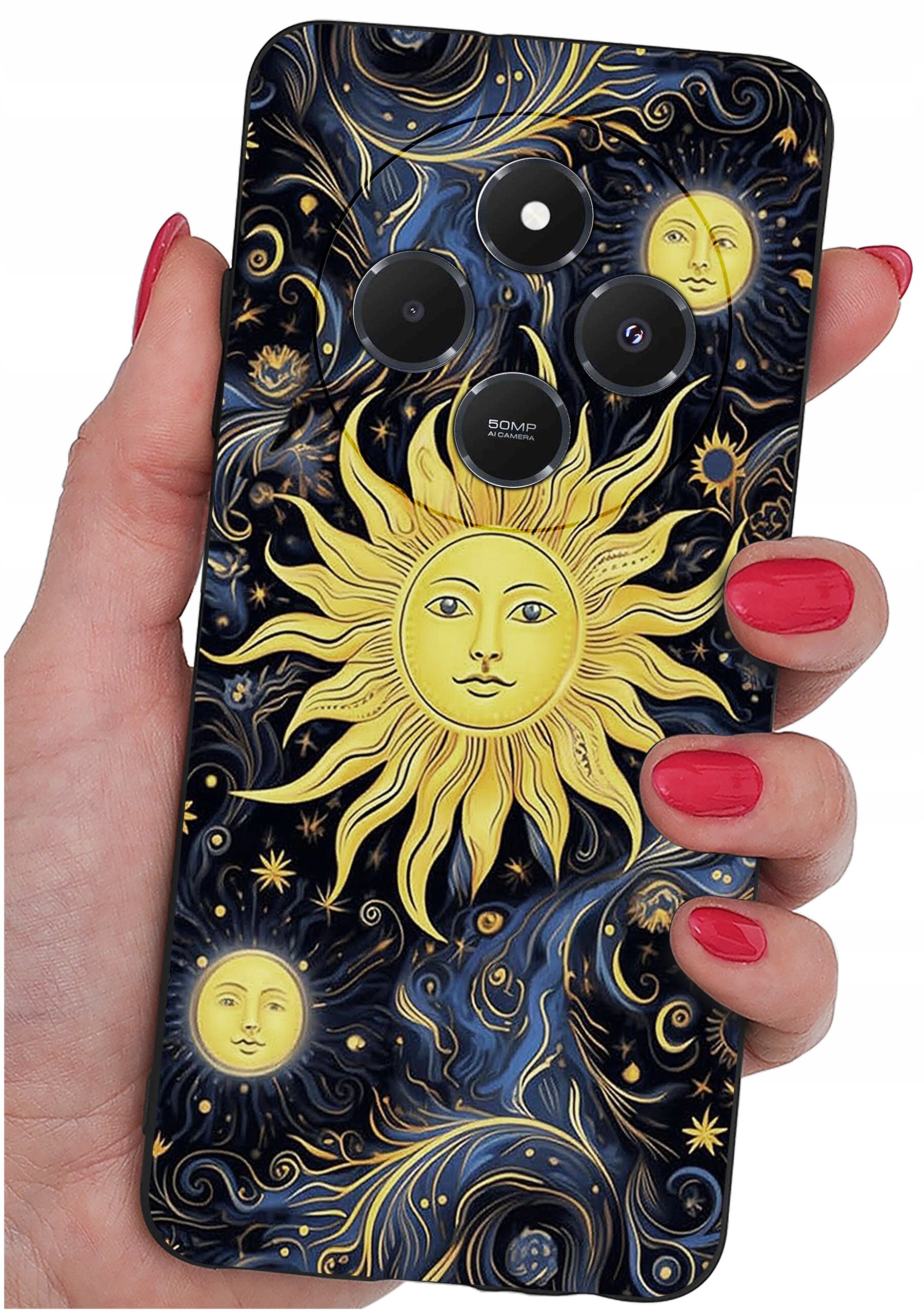 Etui na telefon z wzorem przedstawiającym żółte słońca na ciemnym tle z niebieskimi i złotymi wzorami. Widoczne są cztery otwory na aparaty oraz napis \'50MP AI Camera\'.