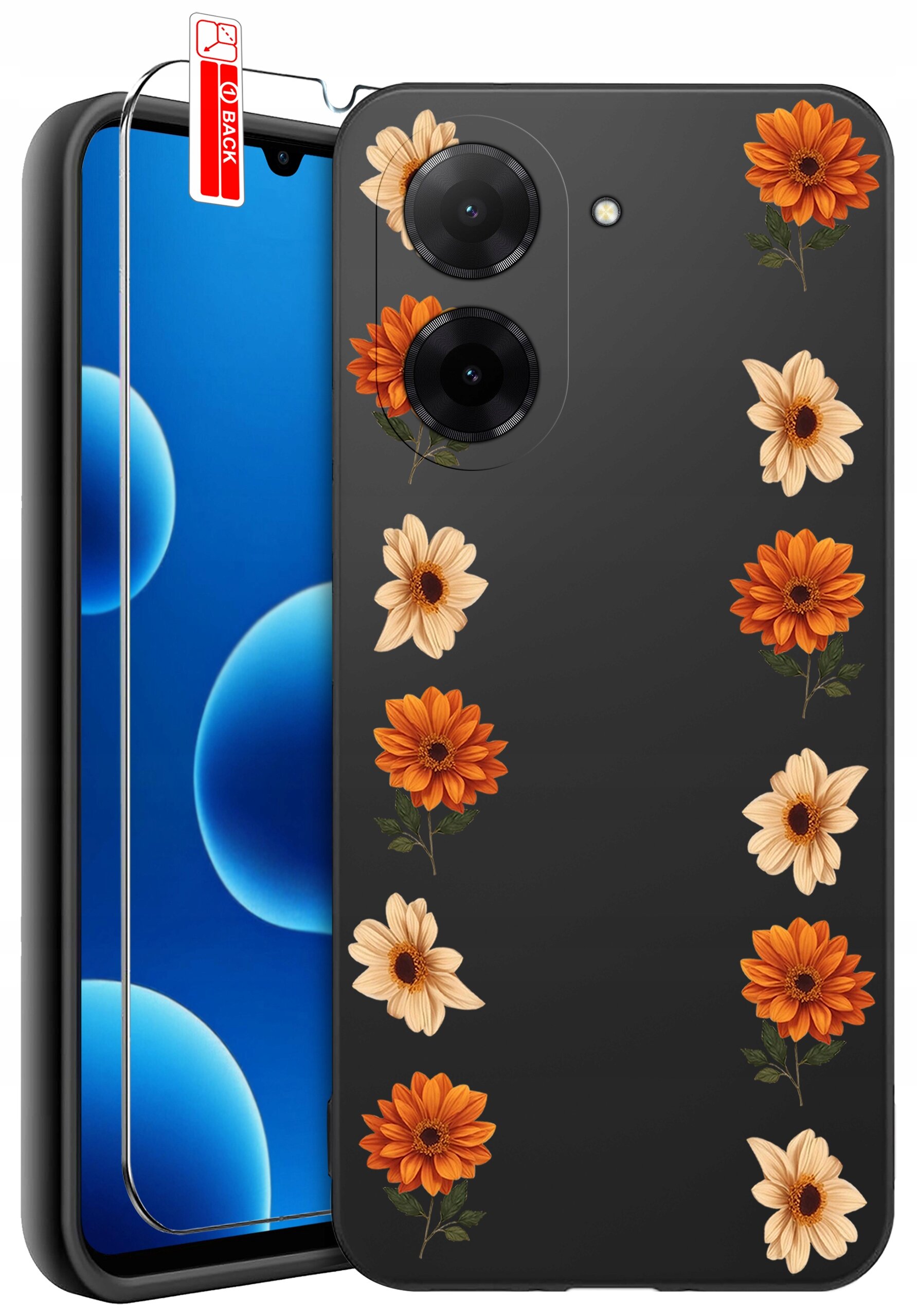 Czarne etui na telefon z wzorem pomarańczowych i kremowych kwiatów. Obok znajduje się szkło ochronne z etykietą \'BACK\'.