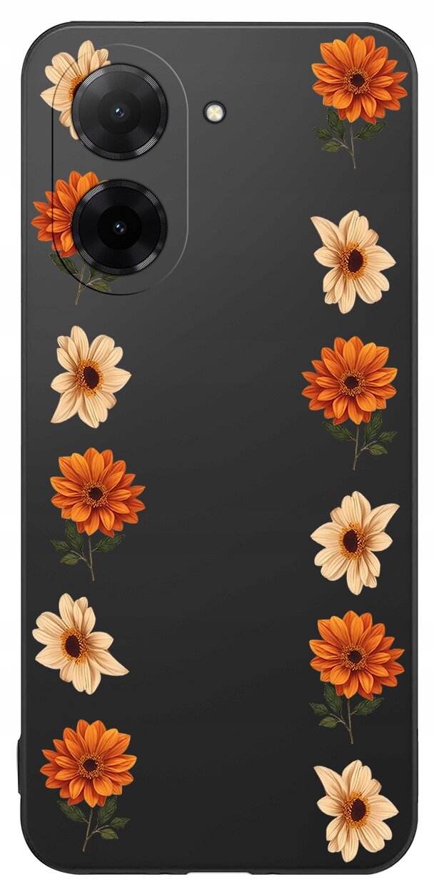 Czarne etui na telefon z wzorem pomarańczowych i kremowych kwiatów ułożonych w dwóch pionowych rzędach. Etui posiada wycięcia na dwa obiektywy aparatu i lampę błyskową.