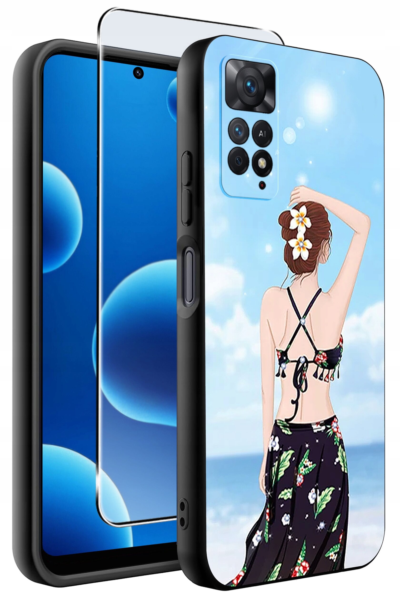 Obraz przedstawia etui na telefon z grafiką kobiety na plaży, z kwiatami we włosach. Obok etui znajduje się szkło ochronne na ekran.