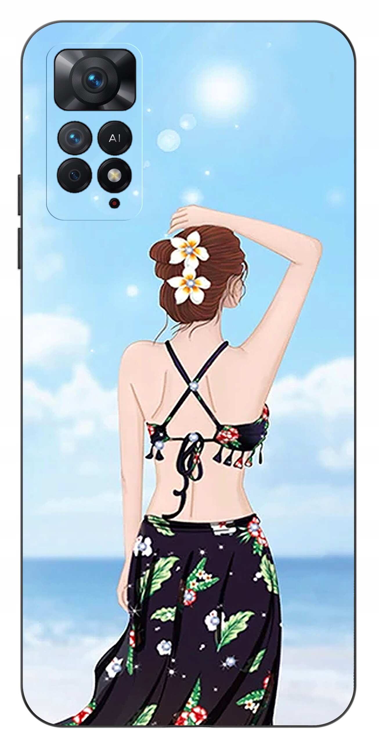 Etui na telefon z grafiką przedstawiającą kobietę w stroju kąpielowym na tle plaży i nieba. Kobieta ma kwiaty we włosach i wzorzystą spódnicę.