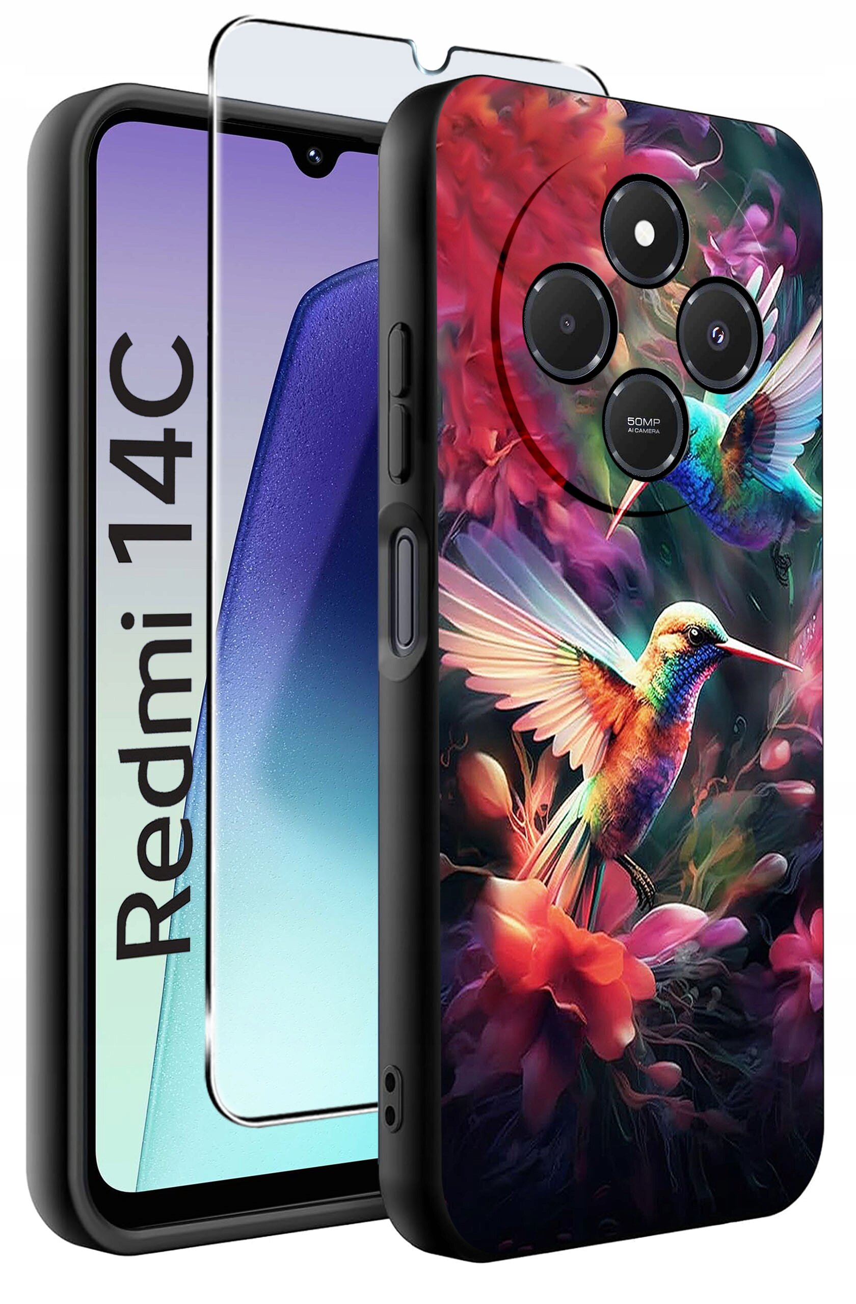 Obraz przedstawia etui na telefon z kolorowym wzorem kolibrów i kwiatów oraz szkło ochronne. Na ekranie telefonu widoczny jest napis \'Redmi 14C\'.