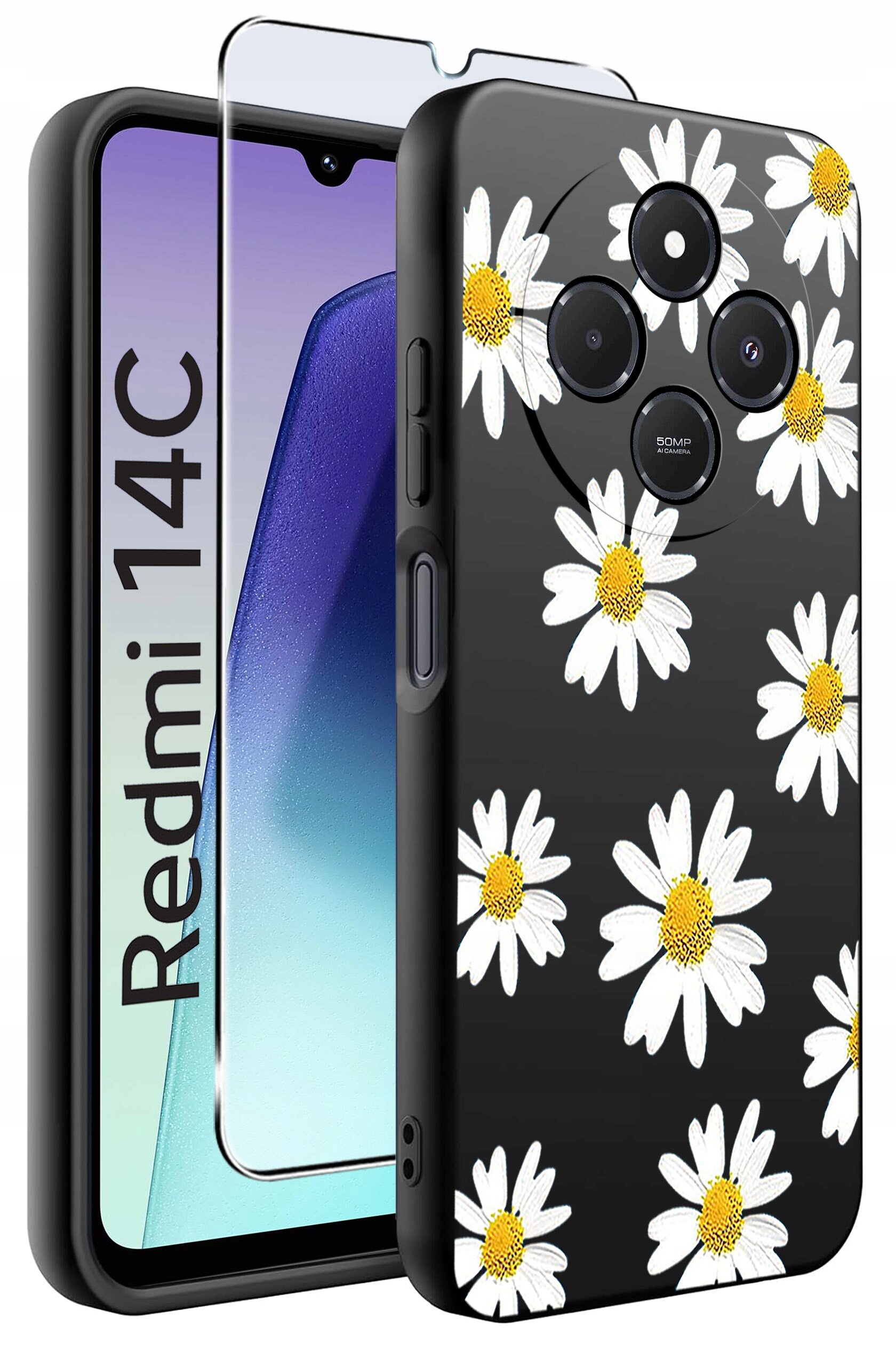 Obraz przedstawia czarne etui na telefon z wzorem białych stokrotek oraz szkło ochronne. Na ekranie telefonu widoczny jest napis \'Redmi 14C\'.