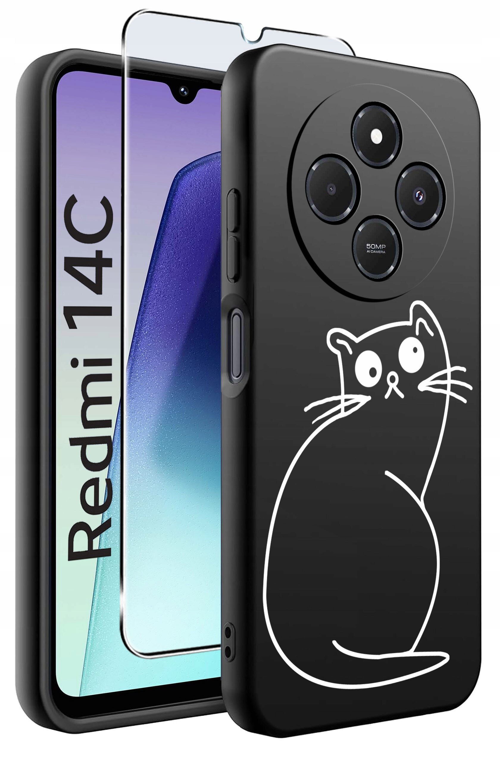 Obraz przedstawia czarne etui na telefon z rysunkiem białego kota oraz szkło ochronne. Na ekranie telefonu widoczny jest napis \'Redmi 14C\'.